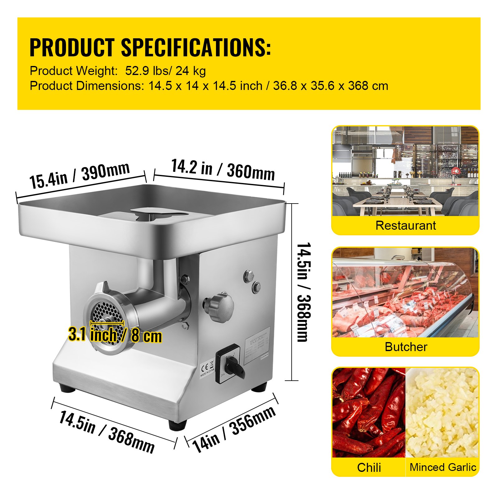 VEVOR Commercial Meat Grinder 850W Electric Meat Grinder Electric Mincer Machine 250KG Per Hour Meat Mincer Sausage Maker Perfect for Restaurants Supermarkets
