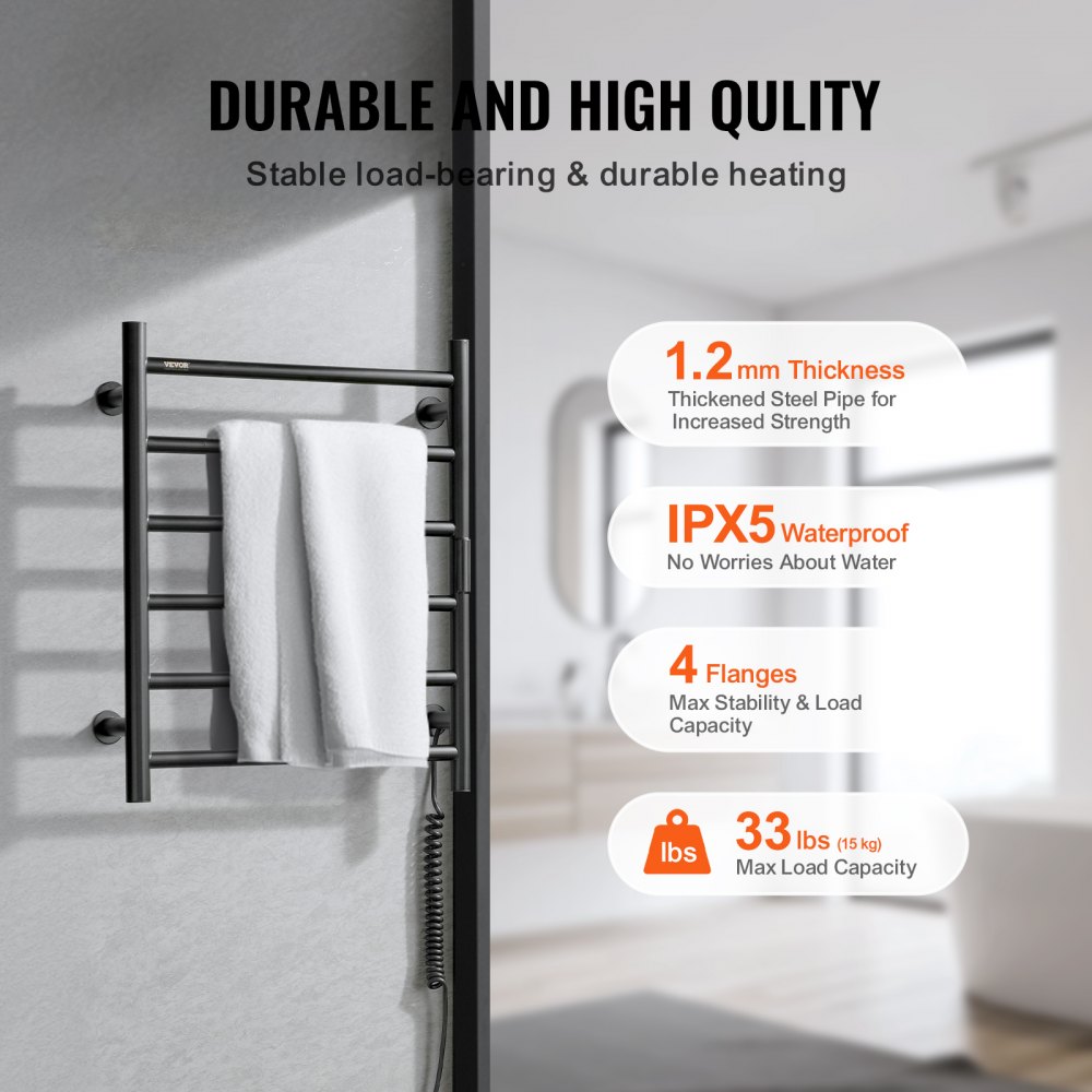 VEVOR 6 Bars Towel Warmer Rack, Wall Mounted Heated Towel Rack for Bathroom, IPX5 Waterpoof Towel Heater Rack with Timer & LED Display Screen, 5 Levels Adjustable Temperature Towel Heater, Black