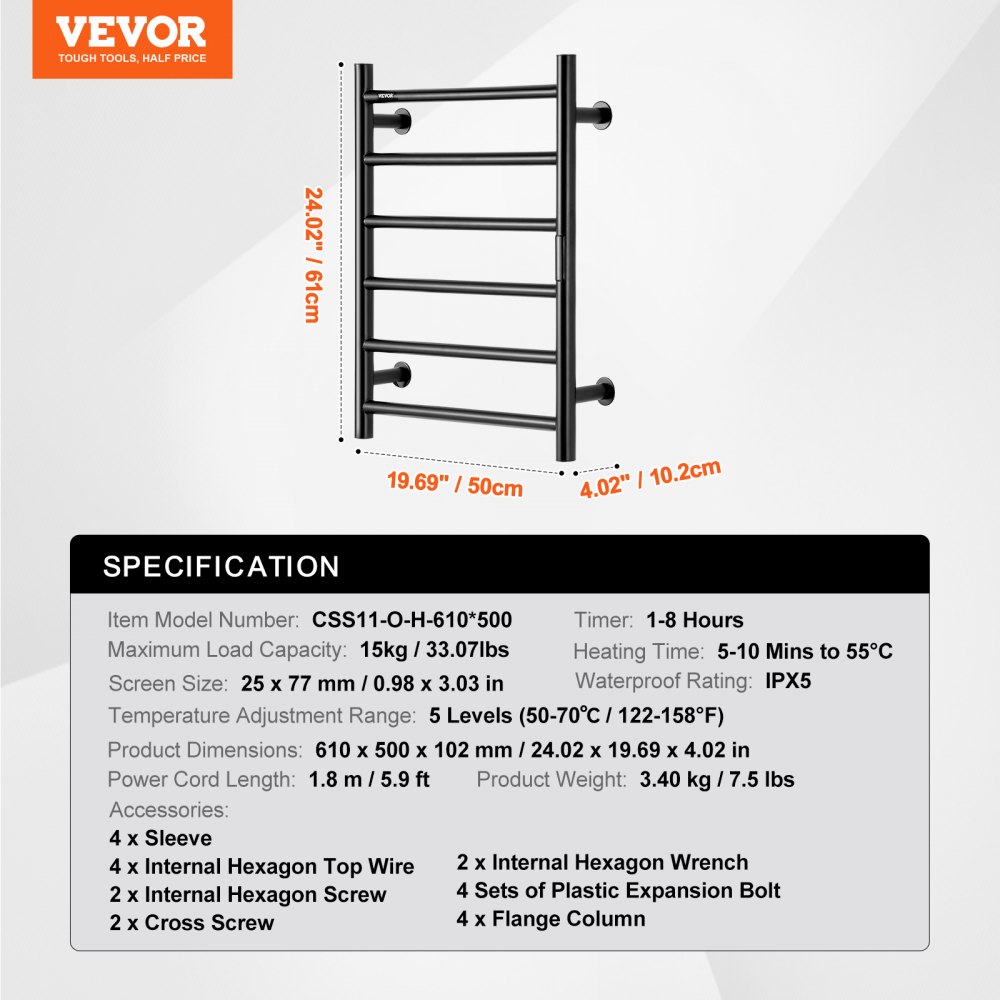 VEVOR 6 Bars Towel Warmer Rack, Wall Mounted Heated Towel Rack for Bathroom, IPX5 Waterpoof Towel Heater Rack with Timer & LED Display Screen, 5 Levels Adjustable Temperature Towel Heater, Black