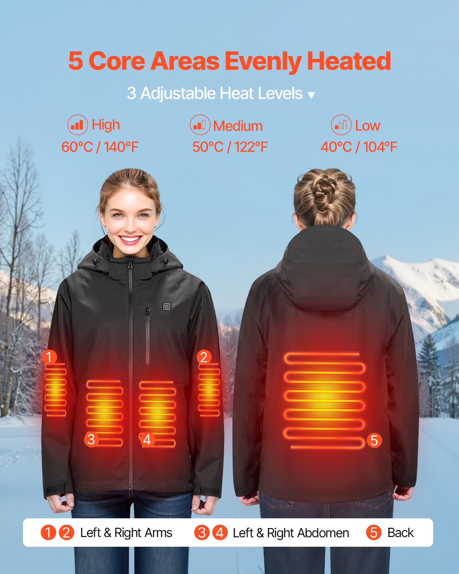 VEVOR verwarmde jas voor dames met 7,4V accu, elektrische softshell verwarmde jas, winddichte verwarmde jas, lichtgewicht bovenkleding met 5 verwarmingszones en 3 warmtestanden, machinewasbaar, XL