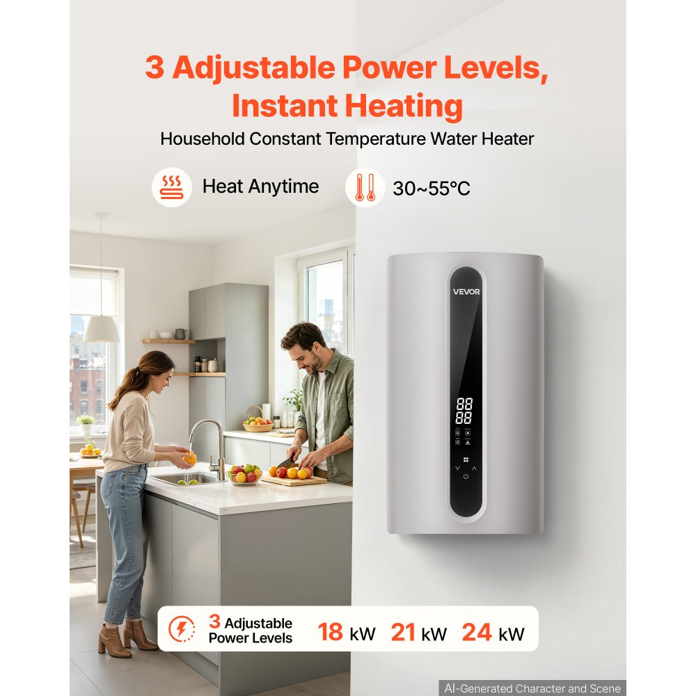VEVOR Elektronische Doorstroomverwarmer 18/21/24 kW 3-fasen, warmwatergenerator voor douche, bad en keuken, ABS-behuizing, gegoten aluminium verwarmingselement, instelbaar van 30-55 °C, LED-touchbediening