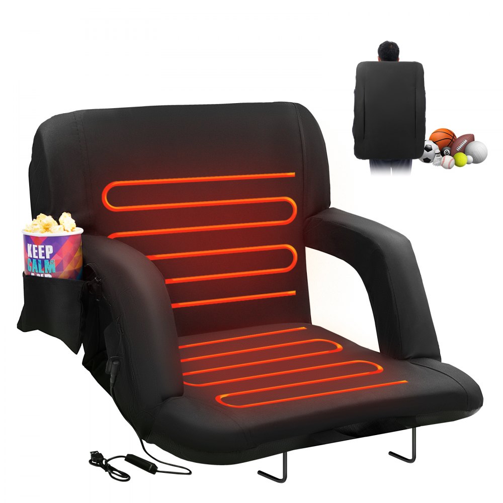 black VEVOR heated stadium seat with armrests, cup holder, and glowing red heating elements. person carrying it.