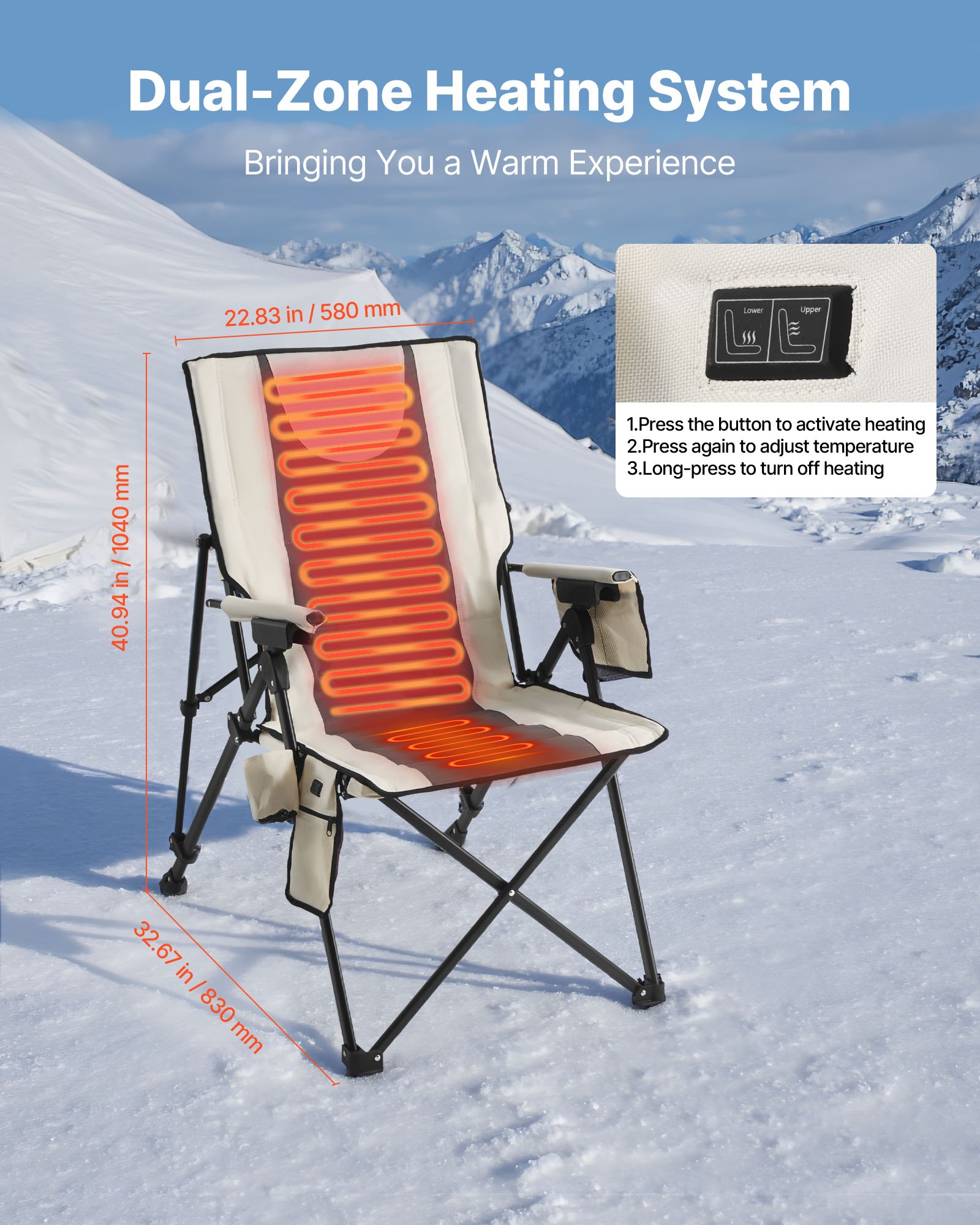 VEVOR Heated Camping Chair, 3 Heat Settings, High Back Folding Camping Chair, Supports 260lbs, Full Padded Beach Chairs with Armrest & Cupholder, Portable Lawn Chairs for Outdoor Sports Travel