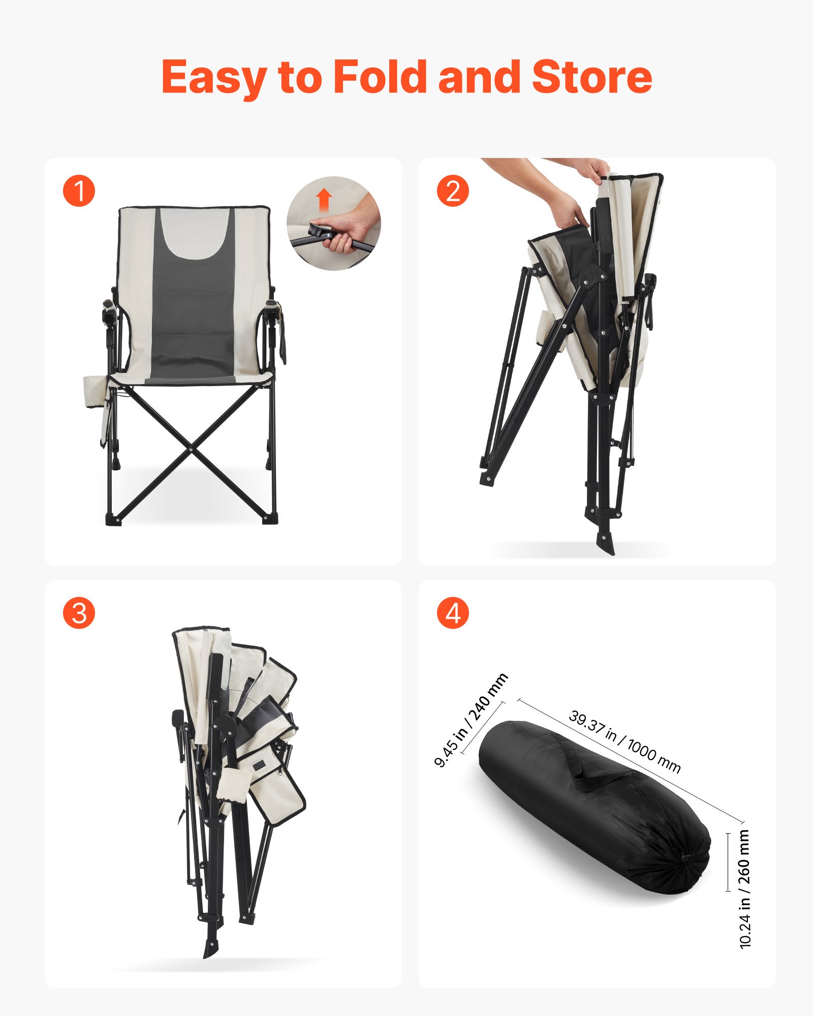 VEVOR Verwarmde Kampeerstoel, 3 Verwarmingsstanden, Opvouwbare Stoel met Hoge Rugleuning, Draagvermogen 117 kg, Volledig Gevoerde Strandstoelen met Armleuningen en Bekerhouder, Tuinstoelen voor Buiten, 58 x 83 x 140 cm