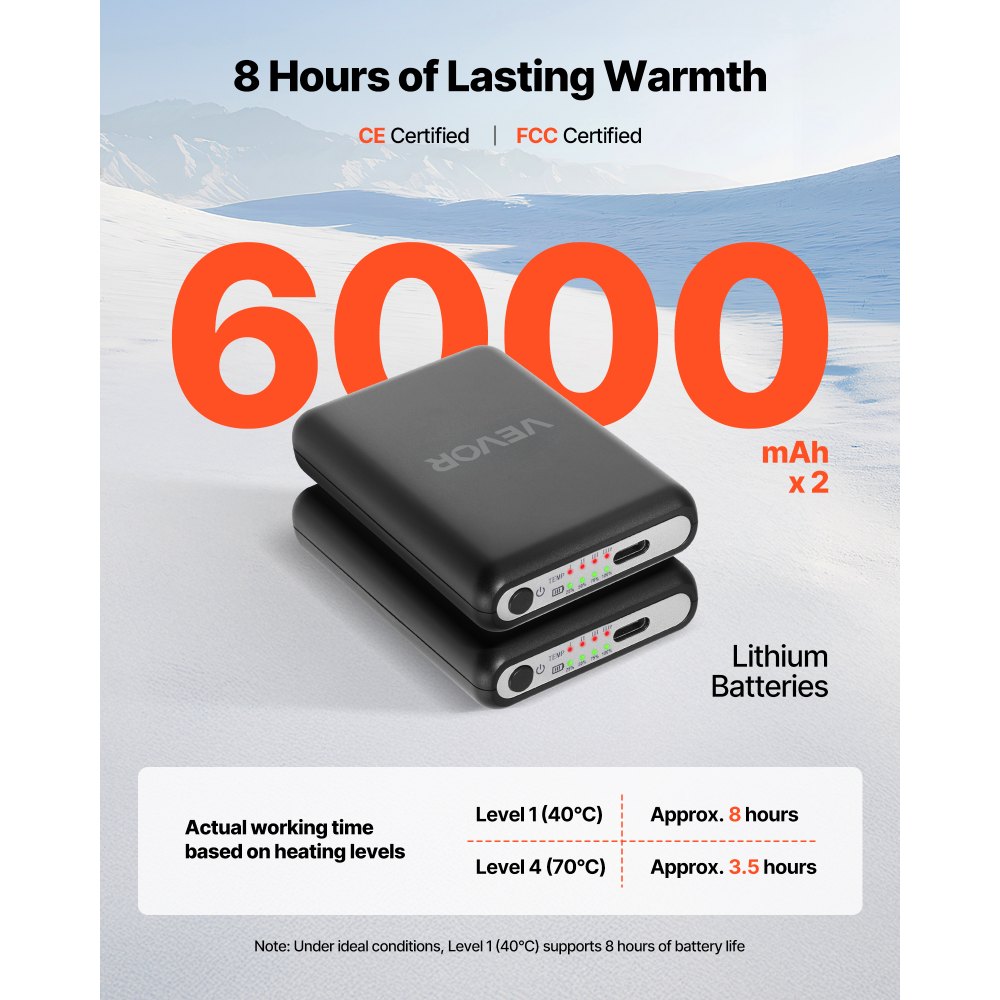 VEVOR Verwarmde Sokken, Werkt op een 6000 mAh batterij, Oplaadbare Verwarmende Sokken met 4 Warmtestanden en App-bediening, 40–70 °C Voetverwarmers voor Buitenactiviteiten zoals Vissen, Kamperen en Wandelen, Unisex