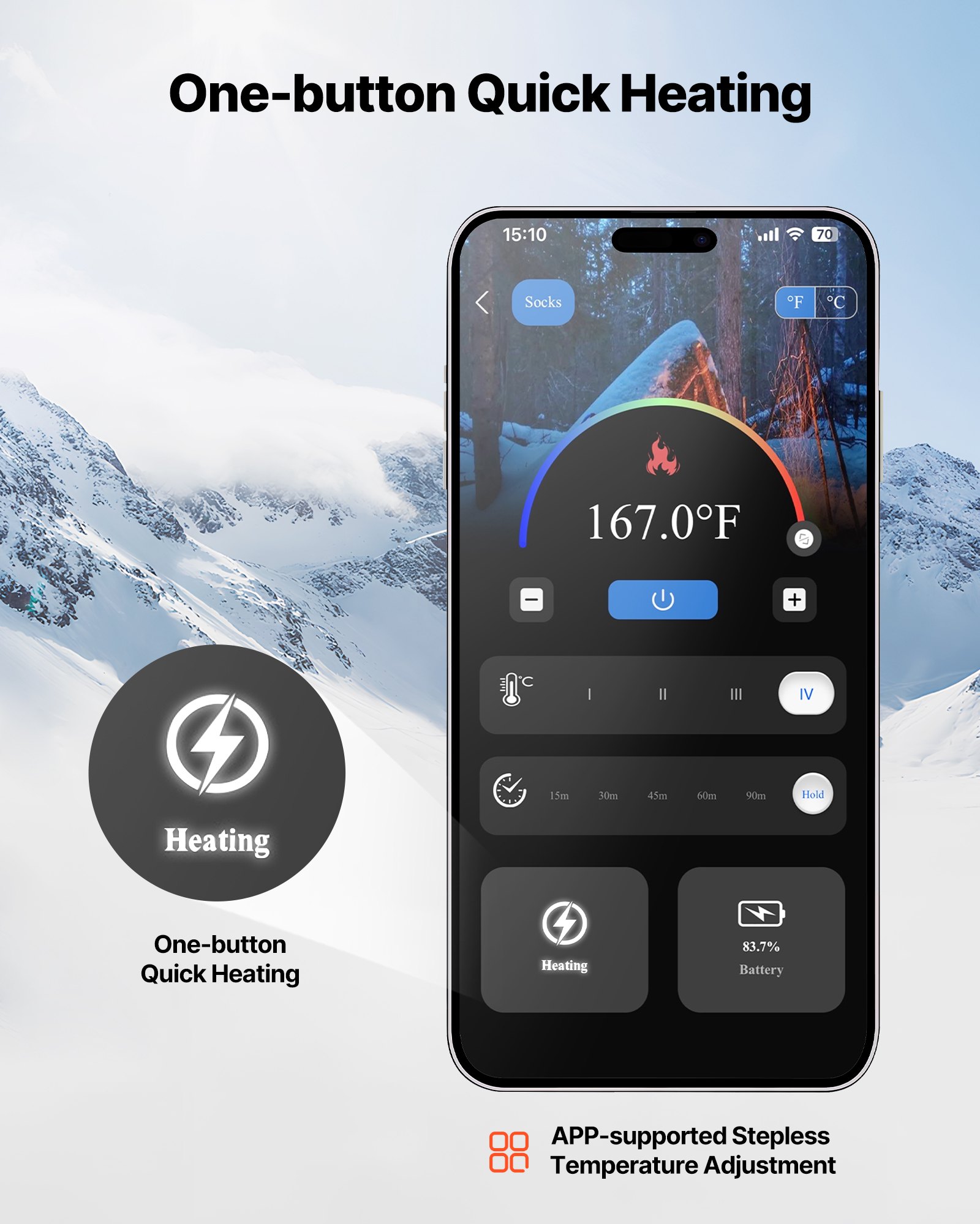 VEVOR Verwarmde Sokken, 6000 mAh Batterijgevoed, Oplaadbare Verwarmde Sokken met 4 Warmtestanden en App-bediening, 40-70 °C Voetwarmers voor Buitengebruik, Vissen, Kamperen, Hiken, Unisex