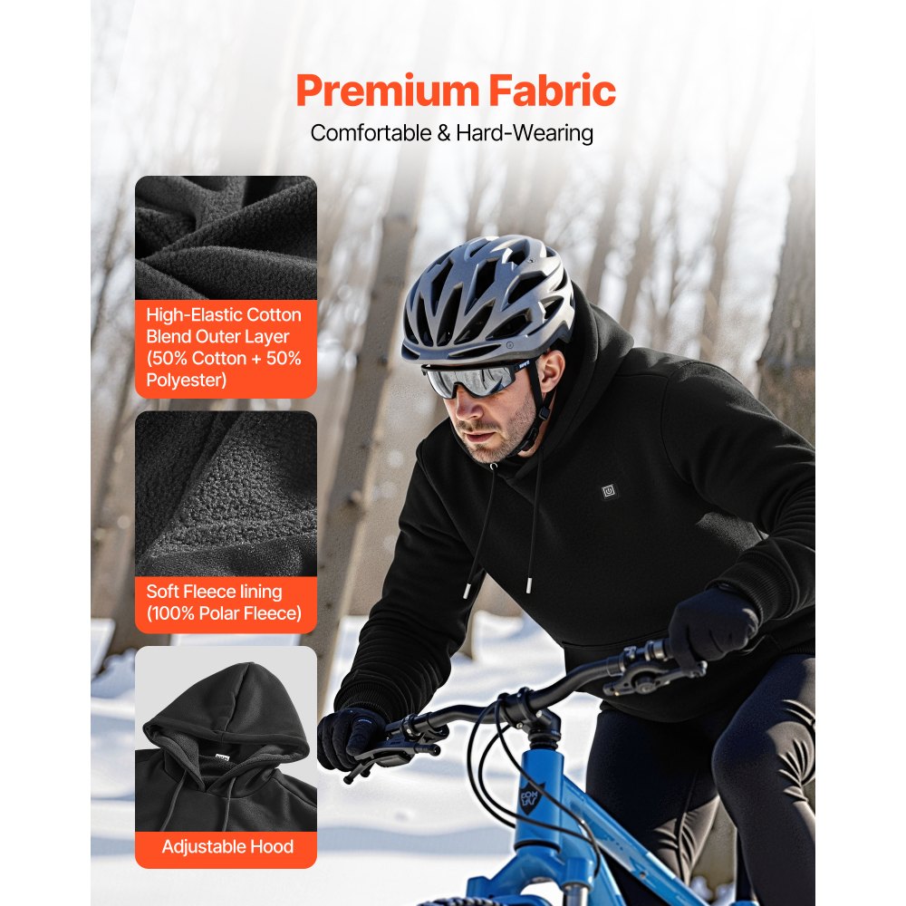 VEVOR Verwarmde Hoodie, Unisex, Verwarmde Pullover met 7,4V 16000mAh Oplaadbare Powerbank, 5 Verwarmingszones, 3 Temperatuurniveaus, 4-8 uur Warmte, voor Winterse Outdoor Camping, Zwart, XL