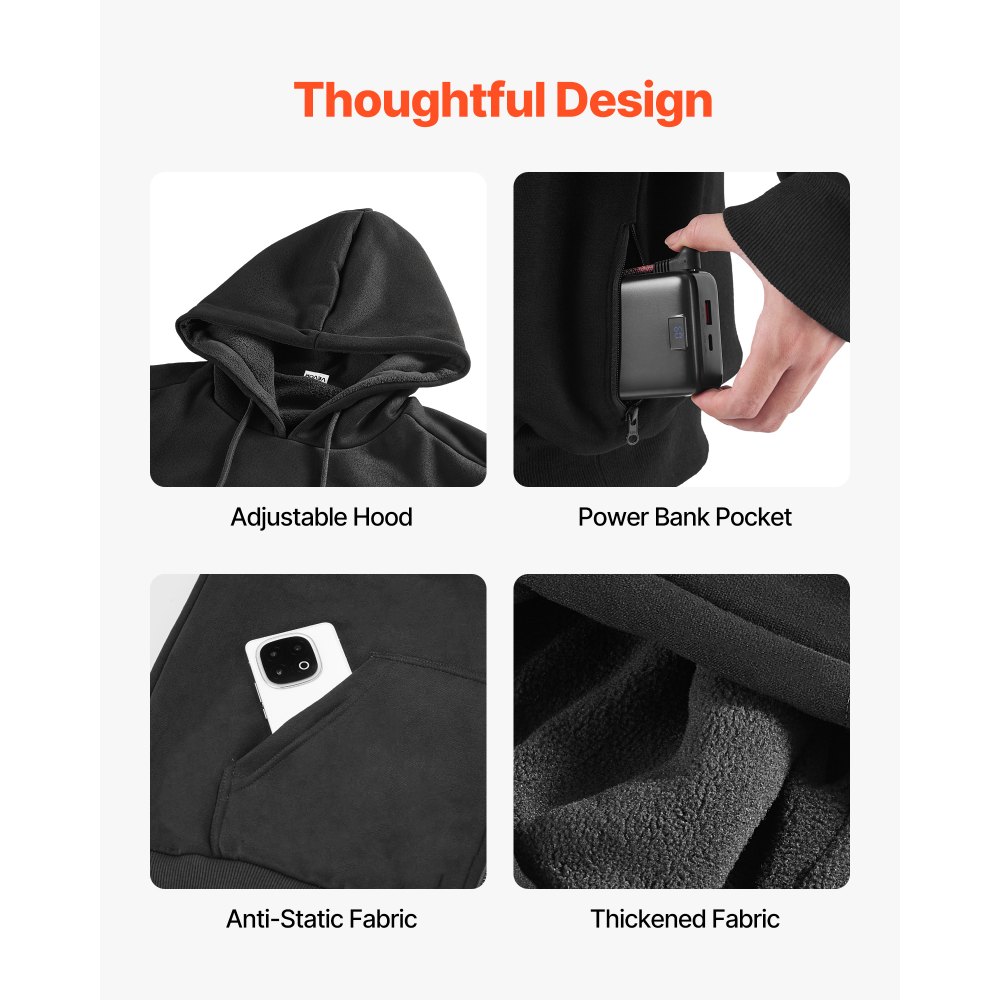 VEVOR Verwarmde Hoodie, Unisex, Verwarmde Pullover met 7,4V 16000mAh Oplaadbare Powerbank, 5 Verwarmingszones, 3 Temperatuurniveaus, 4-8 uur Warmte, voor Winterse Outdoor Camping, Zwart, XXXL