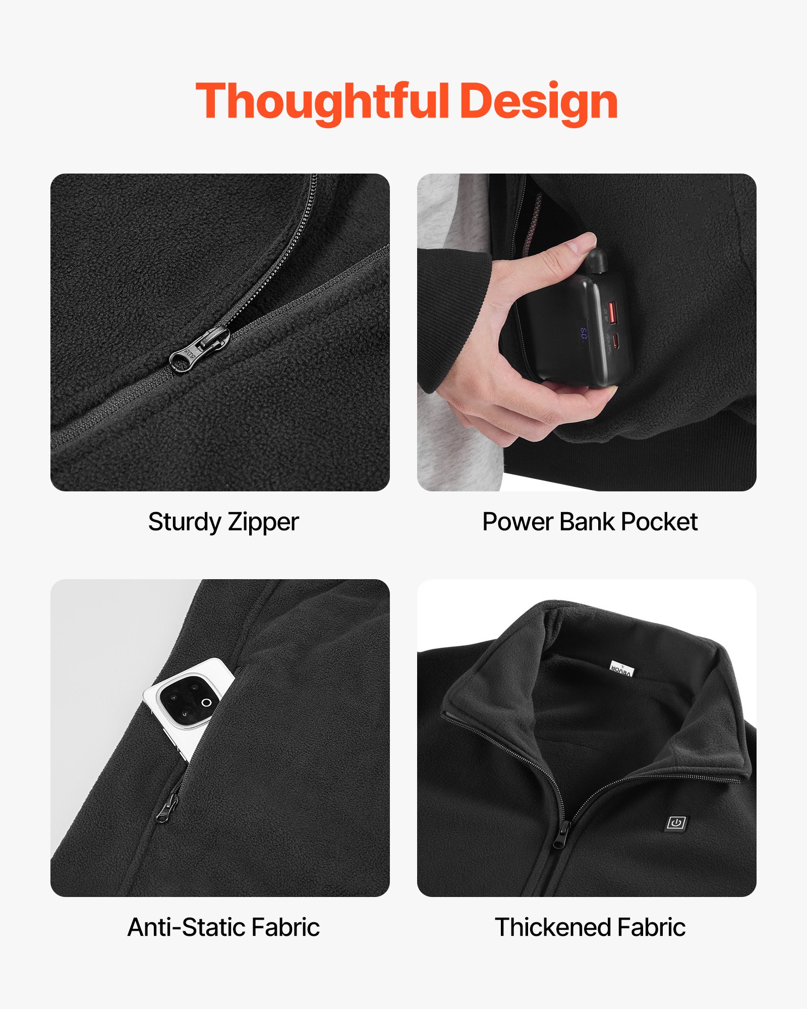 VEVOR Verwarmde Fleece Jas voor Dames, Verwarmde Jas met 7,4V 16000mAh Oplaadbare Powerbank, 6 Verwarmingszones, 3 Temperatuurinstellingen, 3/6/10 Uur Warmte, voor Winterse Outdoor Camping, Zwart, XL