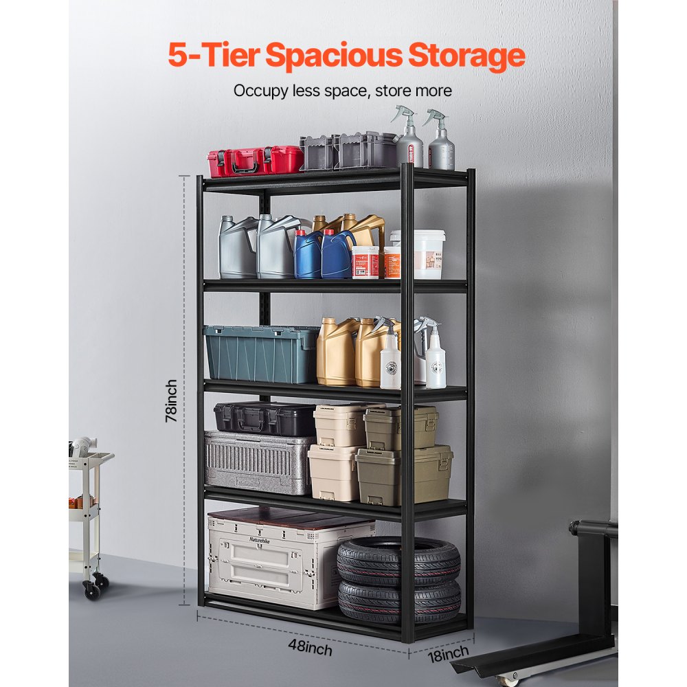 VEVOR Garage-stellingkast, 1361 kg, boutloze stelling, kelderstelling, zware, verstelbare metalen opbergkast, 5 lagen, 457,2 x 1219,2 x 1981,2 mm, opbergkast, voor keuken, werkplaats, kelder, magazijn, zwart