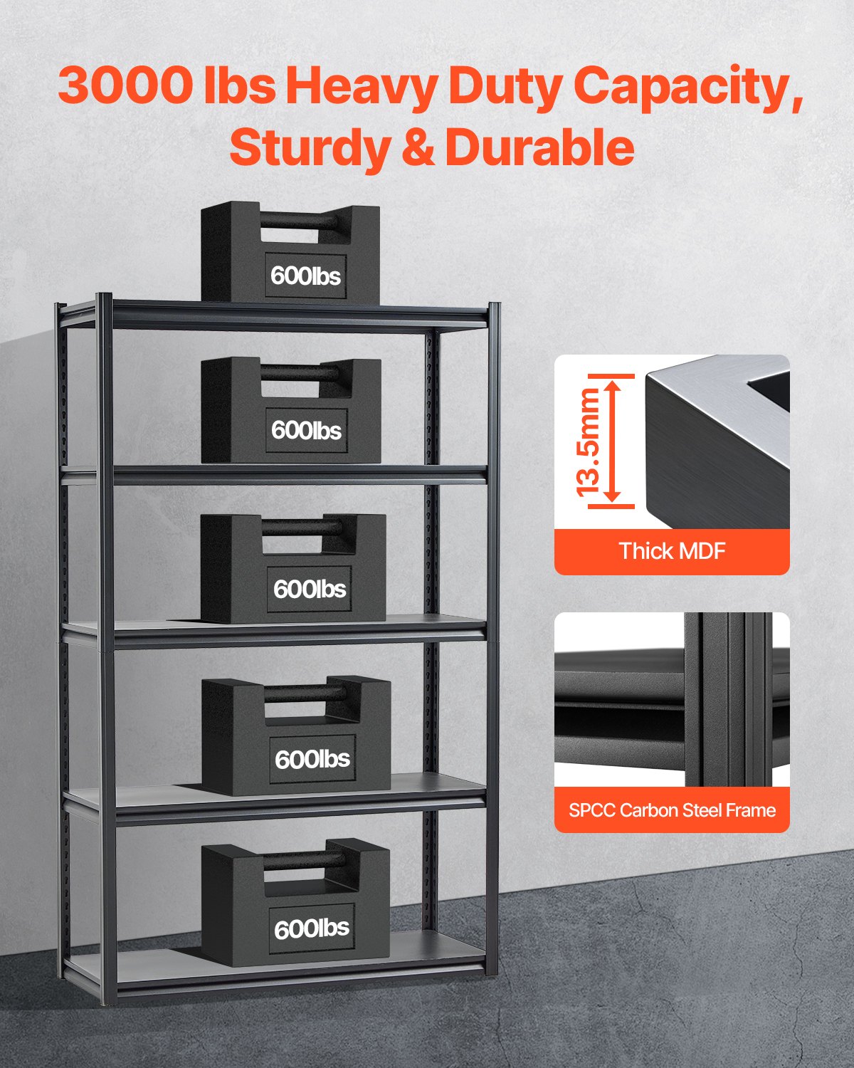 VEVOR Garage-stellingkast, 1361 kg, boutloze stelling, kelderstelling, zware, verstelbare metalen opbergkast, 5 lagen, 457,2 x 1219,2 x 1981,2 mm, opbergkast, voor keuken, werkplaats, kelder, magazijn, zwart