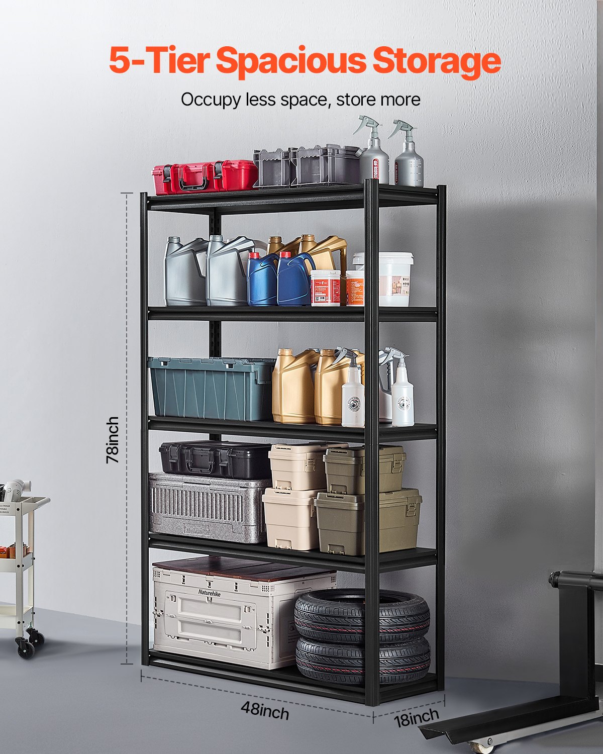 VEVOR Garage-stellingkast, 1361 kg, boutloze stelling, kelderstelling, zware, verstelbare metalen opbergkast, 5 lagen, 457,2 x 1219,2 x 1981,2 mm, opbergkast, voor keuken, werkplaats, kelder, magazijn, zwart