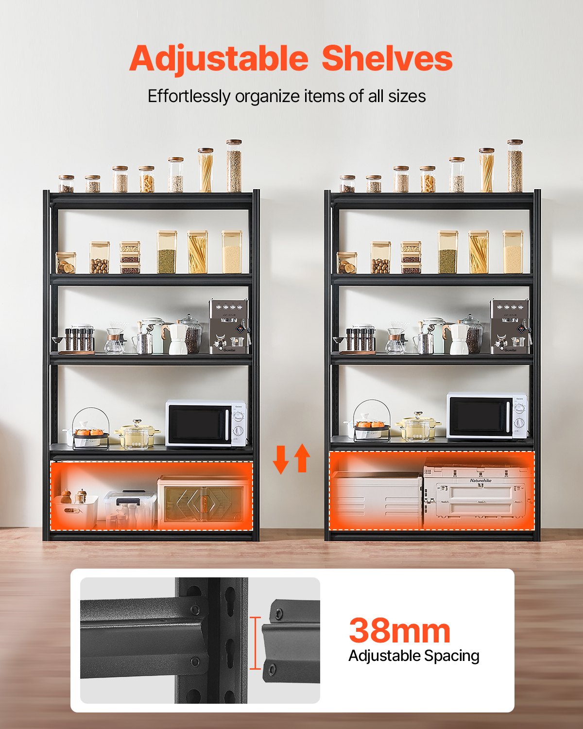 VEVOR Garage-stellingkast, 1361 kg, boutloze stelling, kelderstelling, zware, verstelbare metalen opbergkast, 5 lagen, 457,2 x 1219,2 x 1981,2 mm, opbergkast, voor keuken, werkplaats, kelder, magazijn, zwart