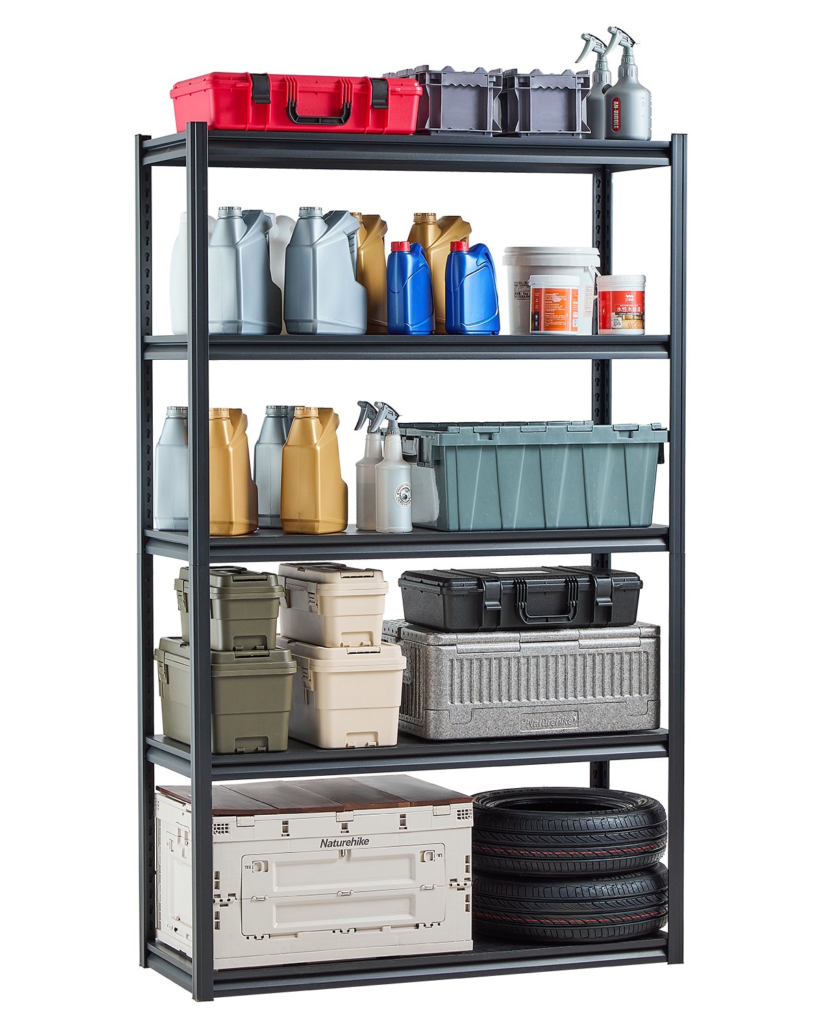 VEVOR Garage-stellingkast, 1361 kg, boutloze stelling, kelderstelling, zware, verstelbare metalen opbergkast, 5 lagen, 457,2 x 1219,2 x 1981,2 mm, opbergkast, voor keuken, werkplaats, kelder, magazijn, zwart