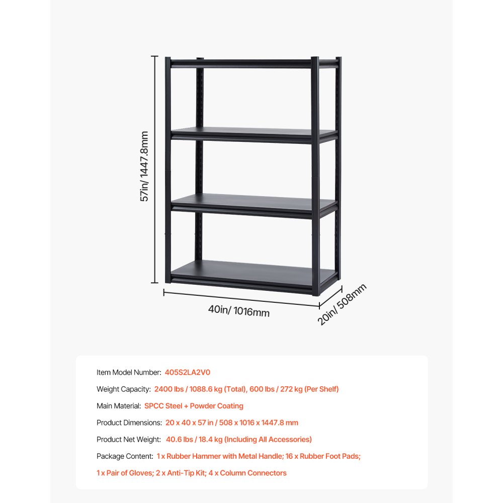 VEVOR Storage Shelves, 2400 lbs, 4 Tier Garage Storage Shelving, 20" D x 40" W x 57" H Adjustable Metal Shelves for Garage Shelves Utility Rack Shelf, Ideal for Kitchen, Warehouse, Basement, Black