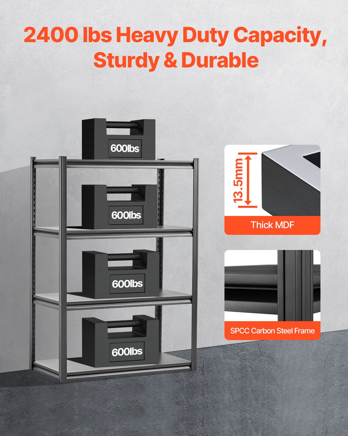 VEVOR Storage Shelves, 2400 lbs, 4 Tier Garage Storage Shelving, 20" D x 40" W x 57" H Adjustable Metal Shelves for Garage Shelves Utility Rack Shelf, Ideal for Kitchen, Warehouse, Basement, Black