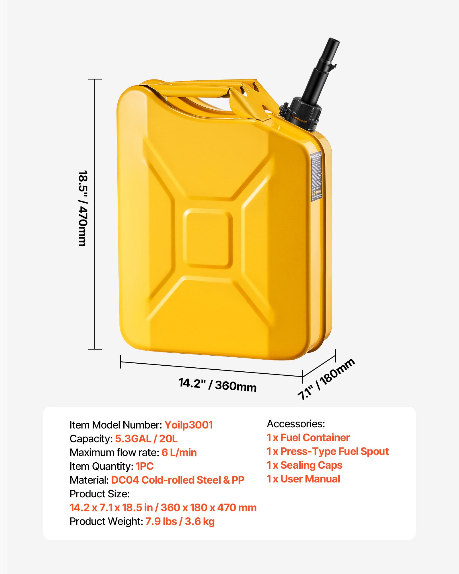 VEVOR metalen benzinekan 20 liter, brandstofkan met schenktuit en comfortabele handgreep, maximale doorstroomsnelheid 6 l/min, lekvrije benzinetank voor de meeste auto's, motoren, ATV's en UTV's, geel