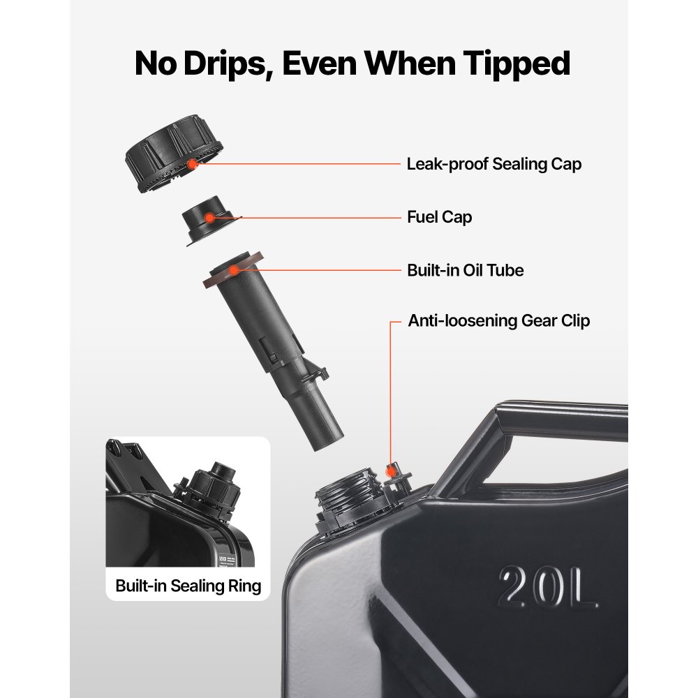 VEVOR metalen brandstofkan 20 liter, benzinekan met schenktuit en comfortabele handgreep, debiet van 6 l/min, lekvrij en corrosiebestendig, ideaal voor auto's, motoren, ATV's en UTV's, zwart