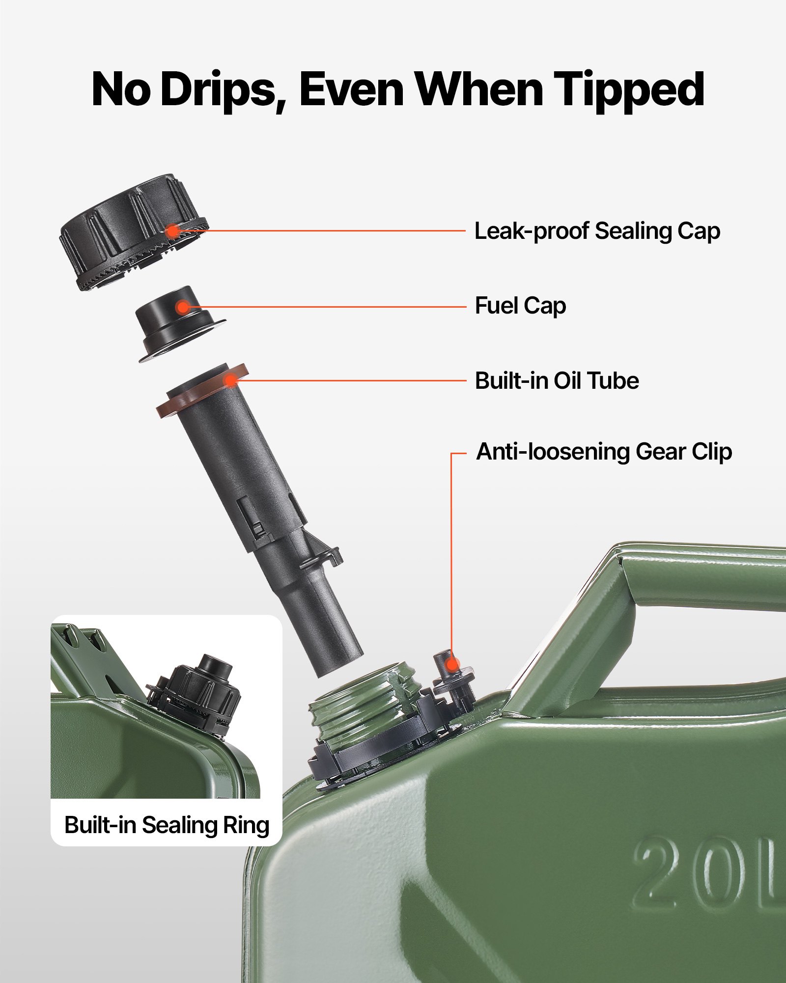 VEVOR Metal Fuel Container, 20 L, Fuel Jerry Can with Spout and Comfort Handle, 6 L/min Max Flow Rate, Leakproof & Corrosion-resistant Metal Gas Tank Most Cars Motorcycle ATV UTV, Green, 2 Packs