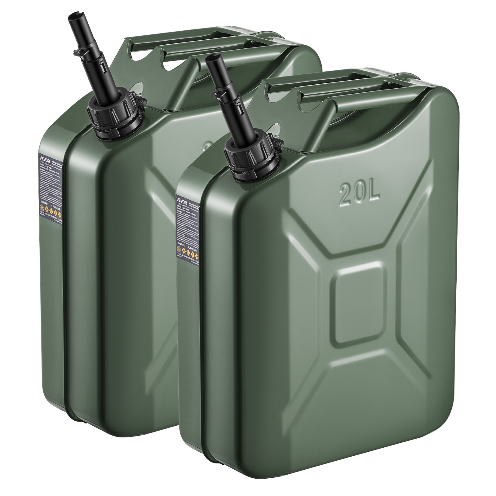 VEVOR Metal Fuel Container, 20 L, Fuel Jerry Can with Spout and Comfort Handle, 6 L/min Max Flow Rate, Leakproof & Corrosion-resistant Metal Gas Tank Most Cars Motorcycle ATV UTV, Green, 2 Packs