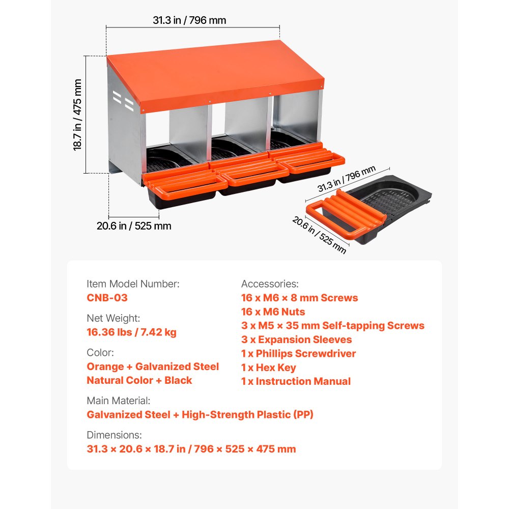 VEVOR Legnest 796x525x475 mm, 3 compartimenten, metalen kippennest met ventilatiegaten en beschermkappen, oprolbaar nest, ideaal voor hennen, eenden, kippen en ander pluimvee, oranje