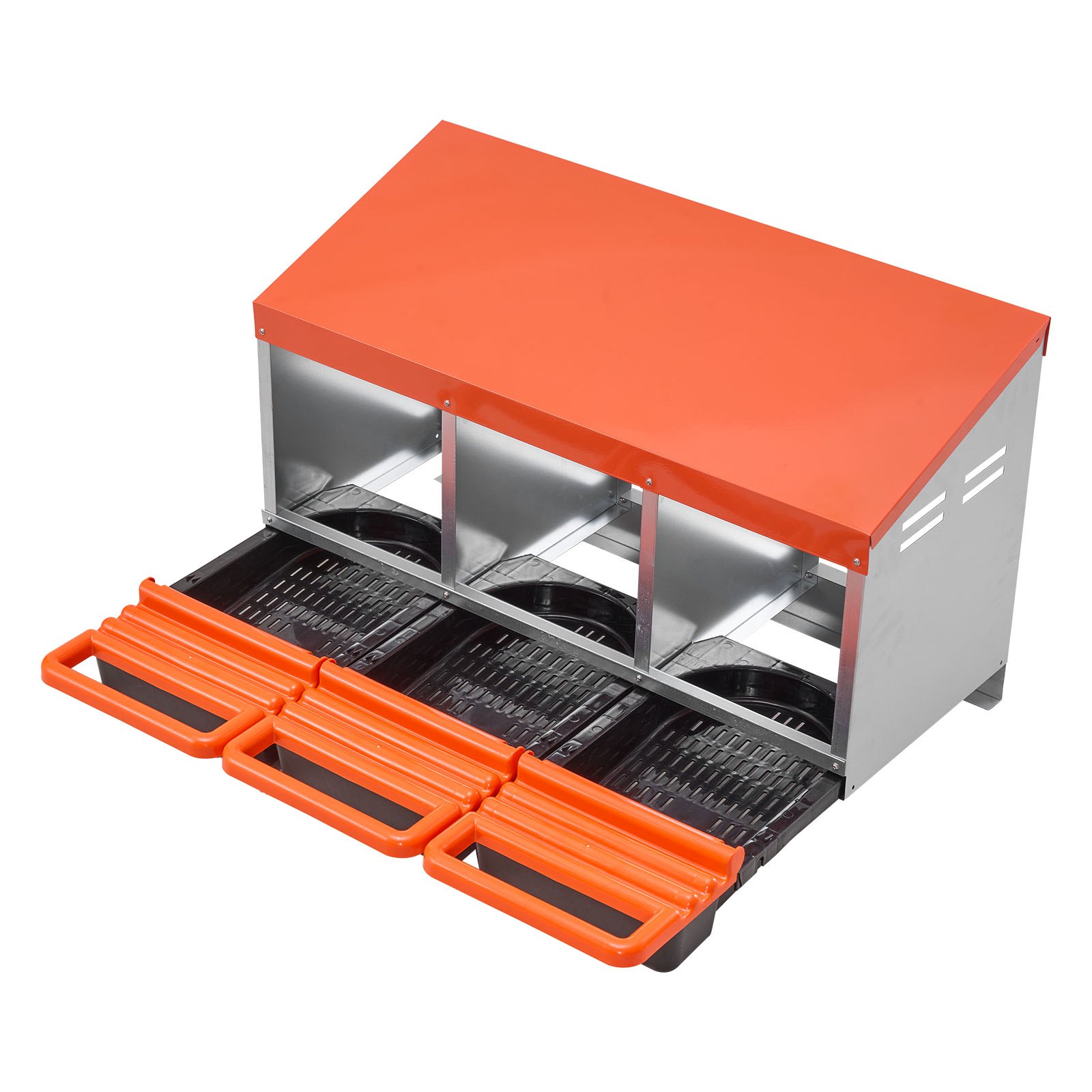 VEVOR Legnest 796x525x475 mm, 3 compartimenten, metalen kippennest met ventilatiegaten en beschermkappen, oprolbaar nest, ideaal voor hennen, eenden, kippen en ander pluimvee, oranje