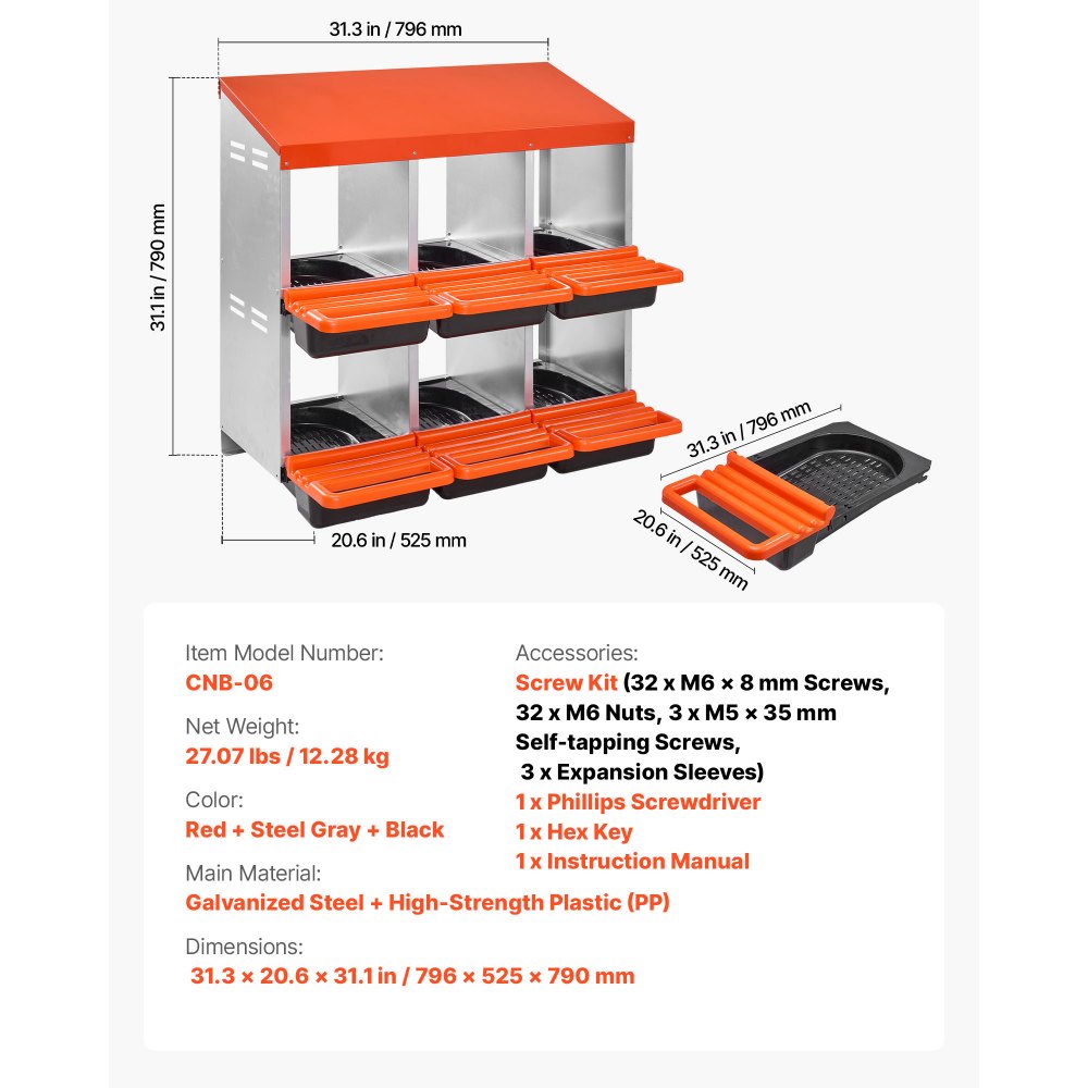 VEVOR 2 Tiers Chicken Nesting Boxes, 6 Compartments, Metal Egg Laying Boxes with Protective Collection Lids, Roll Out Nesting Box, Easy to Assemble, Ideal for Hens, Ducks, Chickens, and Other Poultry