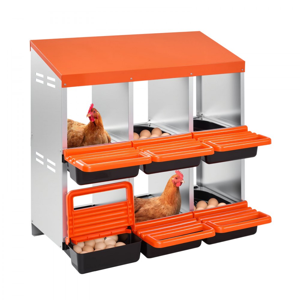 VEVOR 2 Tiers Chicken Nesting Boxes, 6 Compartments, Metal Egg Laying Boxes with Protective Collection Lids, Roll Out Nesting Box, Easy to Assemble, Ideal for Hens, Ducks, Chickens, and Other Poultry