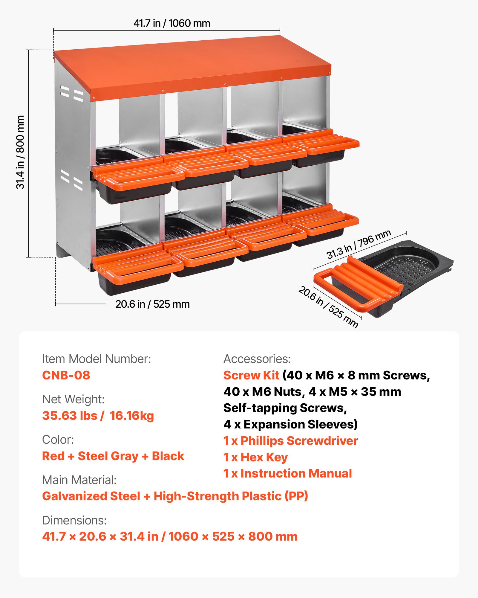 VEVOR Chicken Nest Box, 8-Compartment, 30 to 45 in Stable & Corrosion-Resistant Metal Nesting Boxes with Inclined Nesting Boxes, Bottom Holes & Resting Platform, Fit for Different Chicken Breeds
