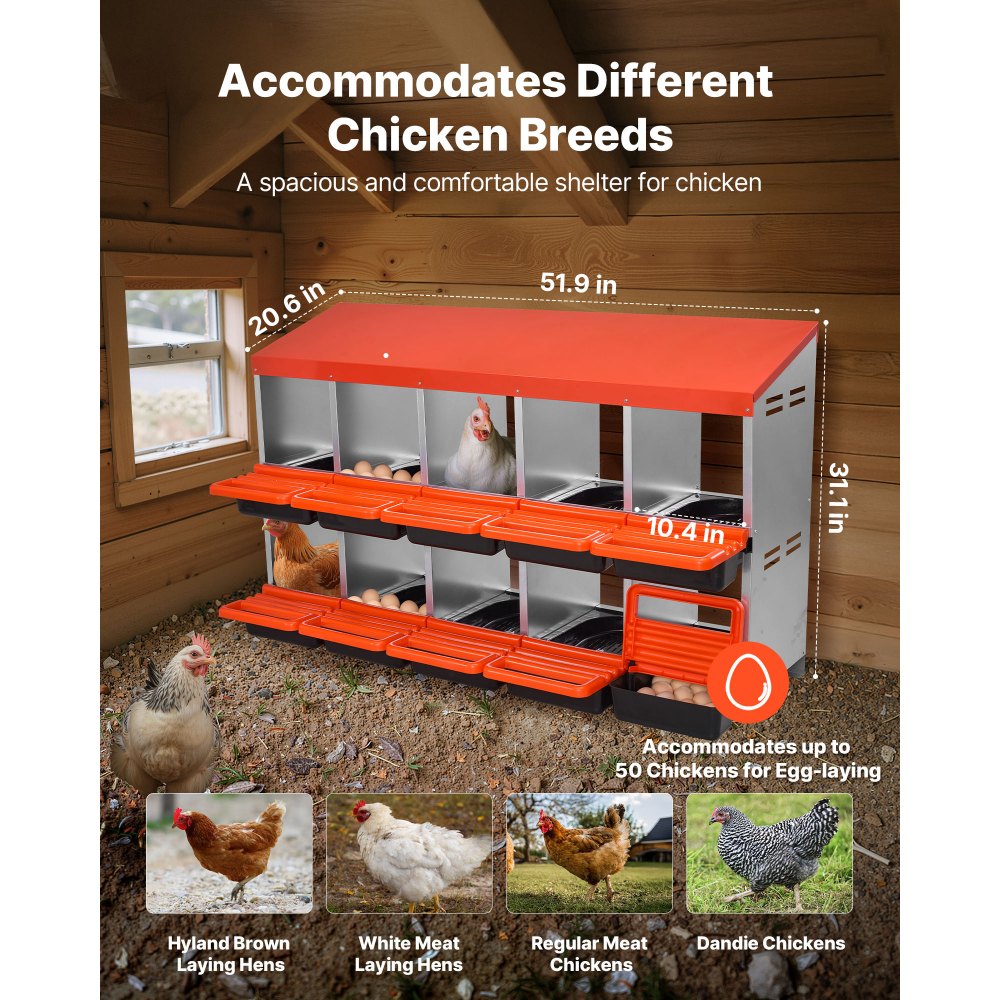 VEVOR 2 Tiers Chicken Nesting Boxes, 10 Compartments, Metal Egg Laying Boxes with Protective Collection Lids, Roll Out Nesting Box, Easy to Assemble, Ideal for Hens, Ducks, Chickens, and Other Poultry