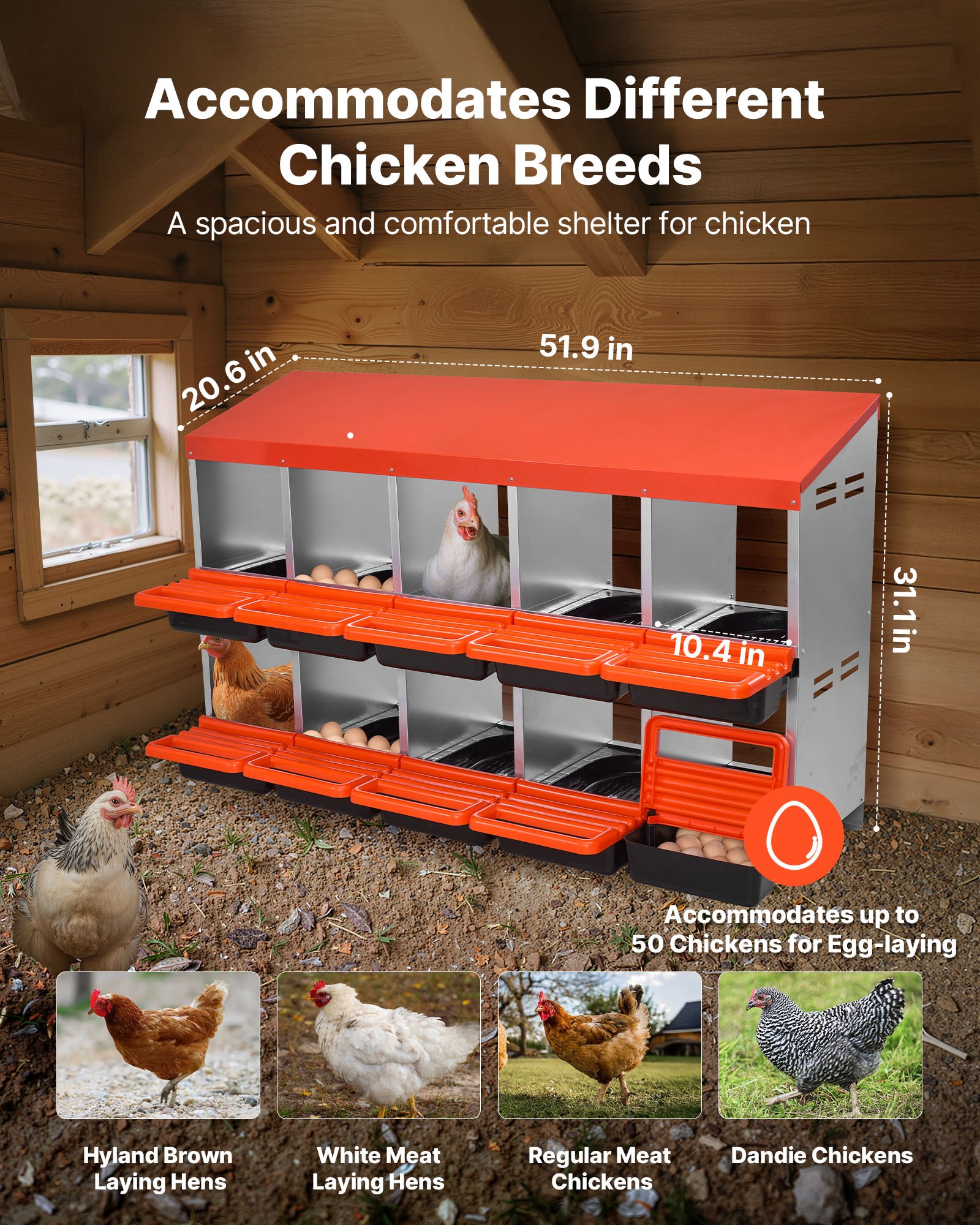 VEVOR Legnest met 10 compartimenten, oprolbaar metalen nest met beschermende opvangdeksels, oprolbare legbox, kippennest, ideaal voor kippen, eenden, hanen en ander pluimvee, 1320x525x790 mm