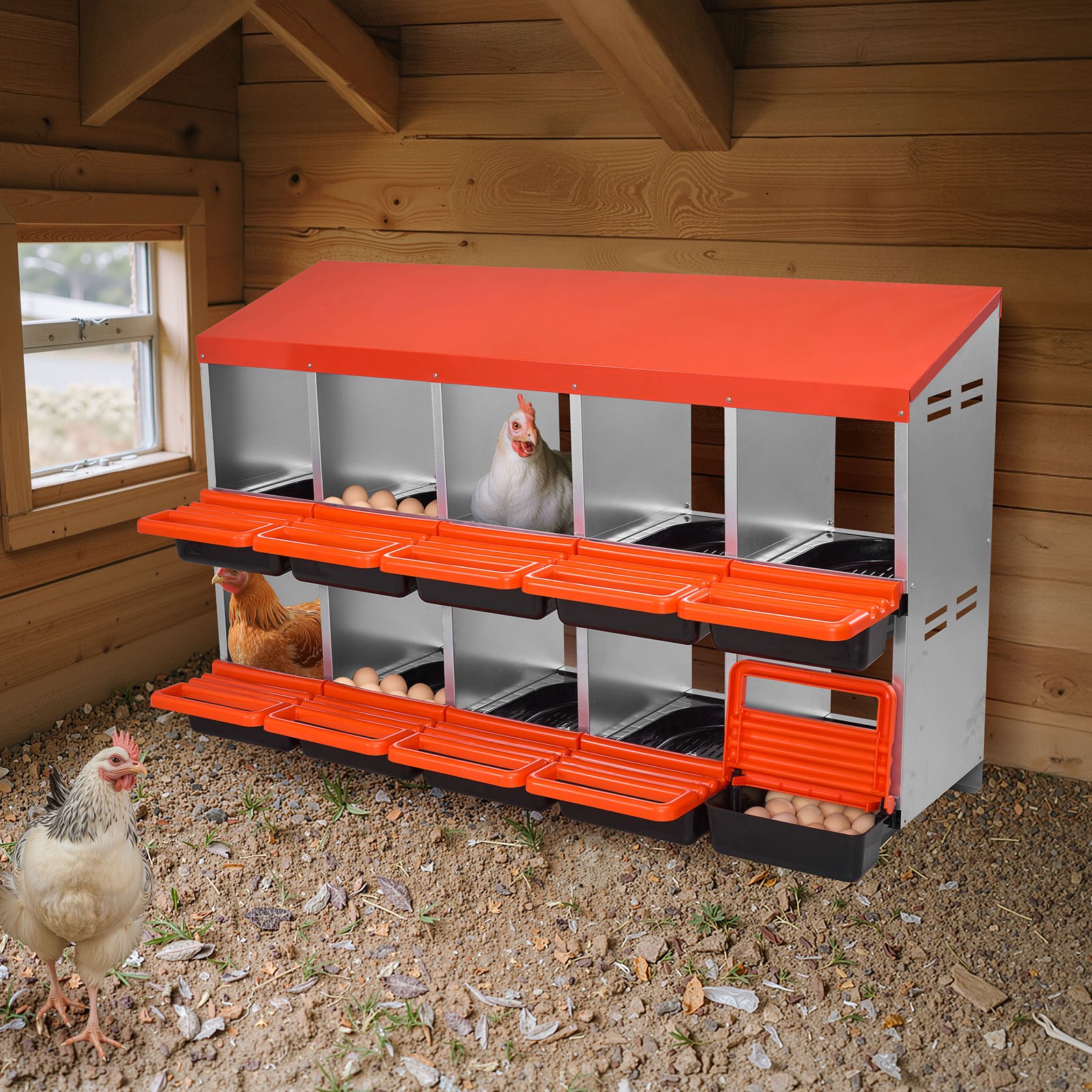 VEVOR Legnest met 10 compartimenten, oprolbaar metalen nest met beschermende opvangdeksels, oprolbare legbox, kippennest, ideaal voor kippen, eenden, hanen en ander pluimvee, 1320x525x790 mm