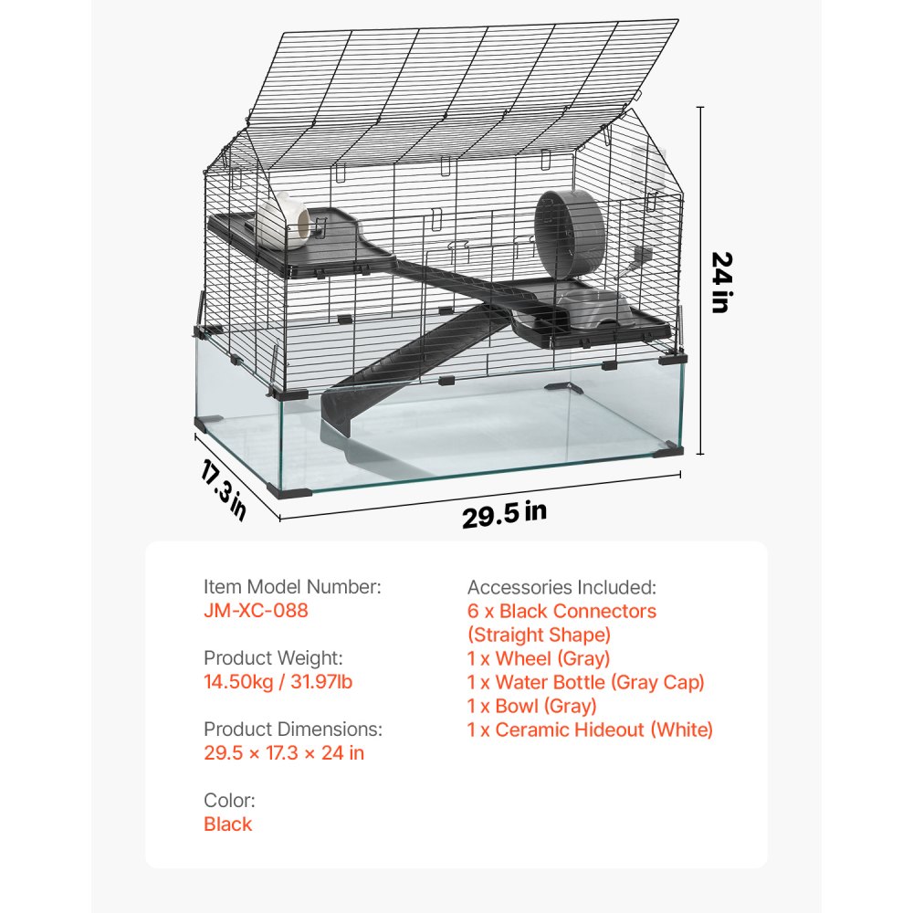 VEVOR Hamsterkooi, 360° zicht, transparante hamsterhabitat, kooi voor kleine dieren, 75x44x61 cm, geventileerde muizenkooi met waterfles, rattenkooi, draagbaar hamsterhuis voor ratten, cavia's