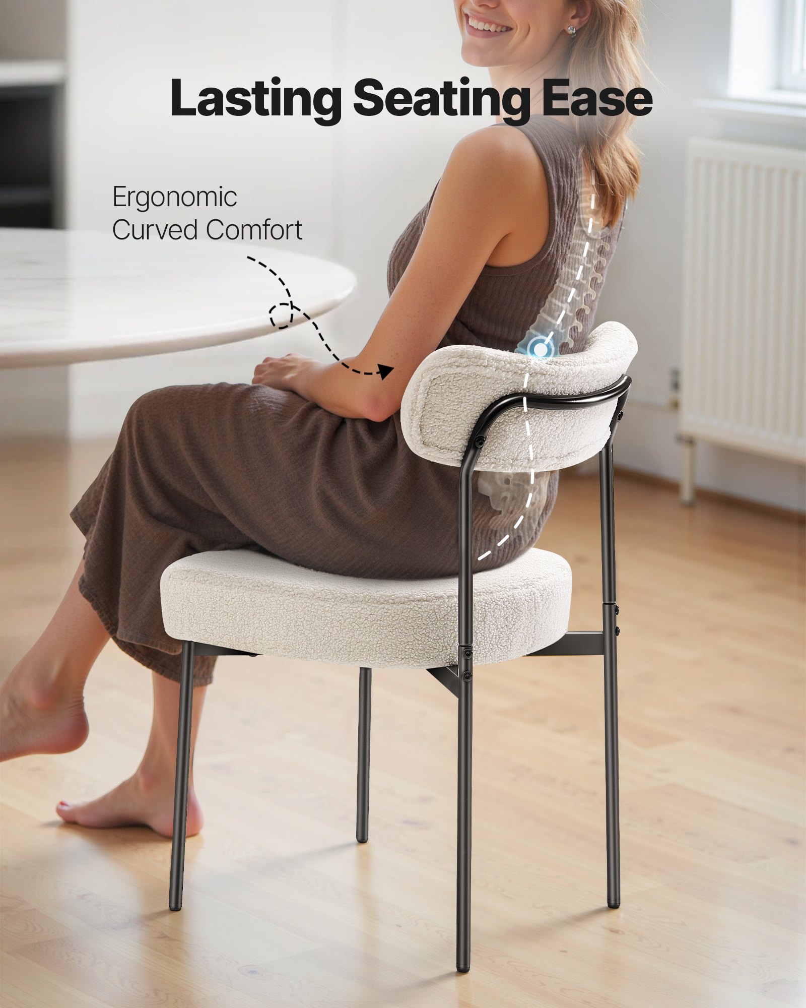 VEVOR Moderne eetkamerstoel (4 stuks) Sherpa-stoel (draagvermogen 136 kg) voor eettafels, ruimtebesparende keukentafelstoel met gebogen rugleuning en zwarte metalen poten, witte cafetariastoel