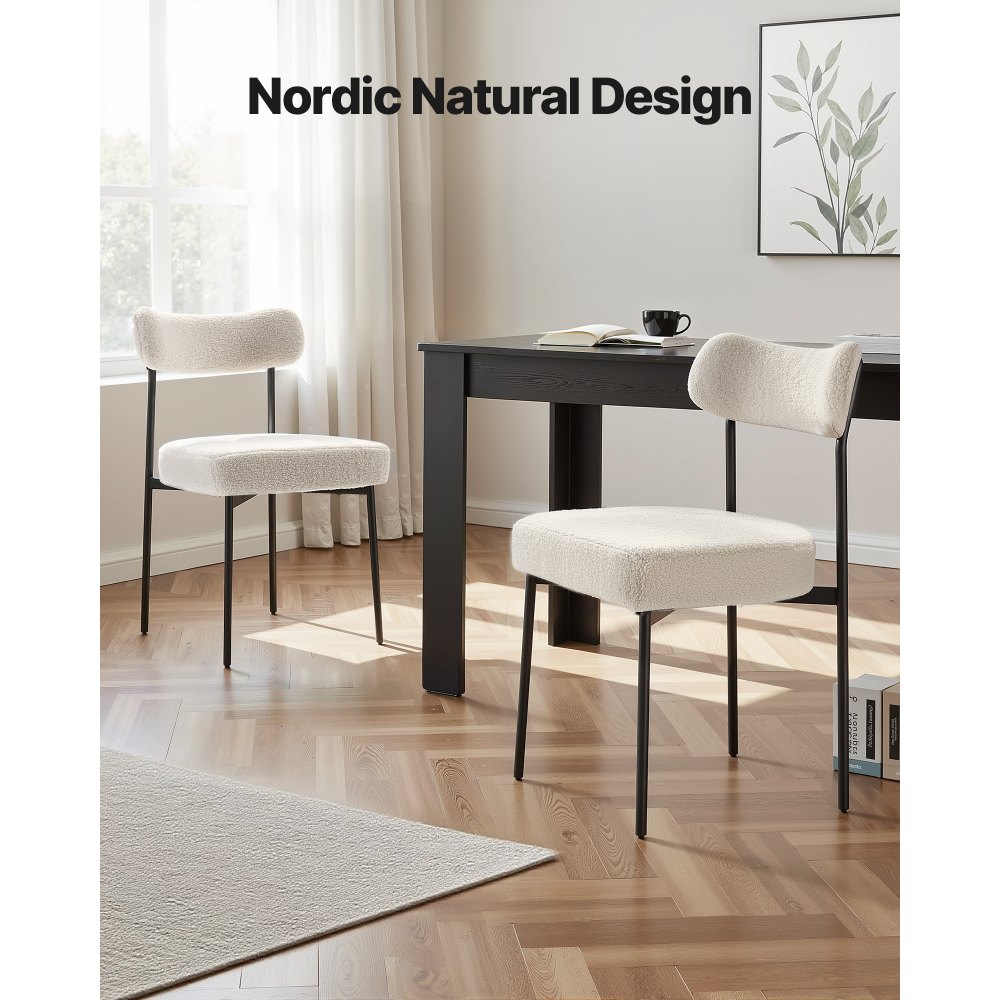 VEVOR Boucle Dining Chairs Set of 2, Mid Century Modern Sherpa Accent Chairs, Upholstered Side Chair for Dining Table, Space-Saving White Kitchen Table Chair with Curved Backrest and Black Metal Legs
