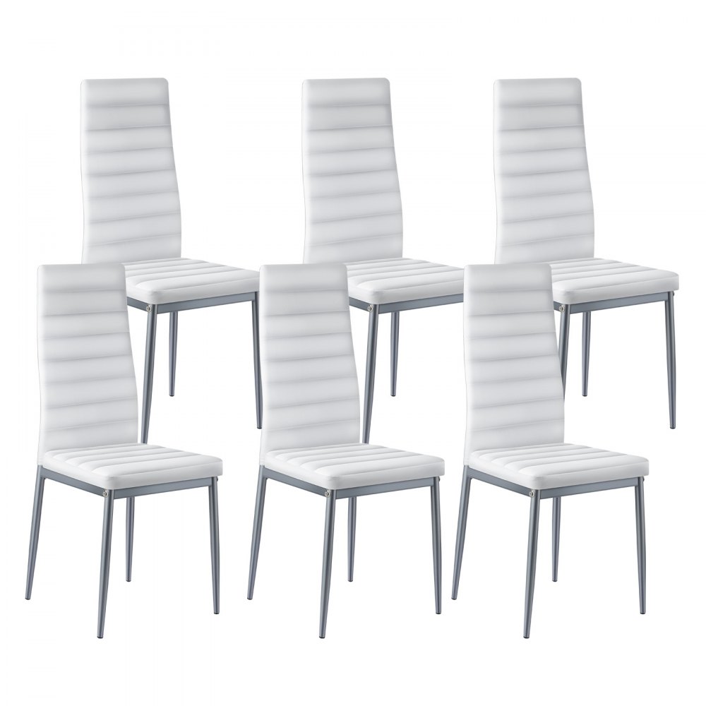 VEVOR Modern Dining Room Accent Chairs Set of 6, Upholstered Leather Side Chair for Dining Tables, Space-Saving Kitchen Table Chair with Thick Cushions and Metal Legs, White