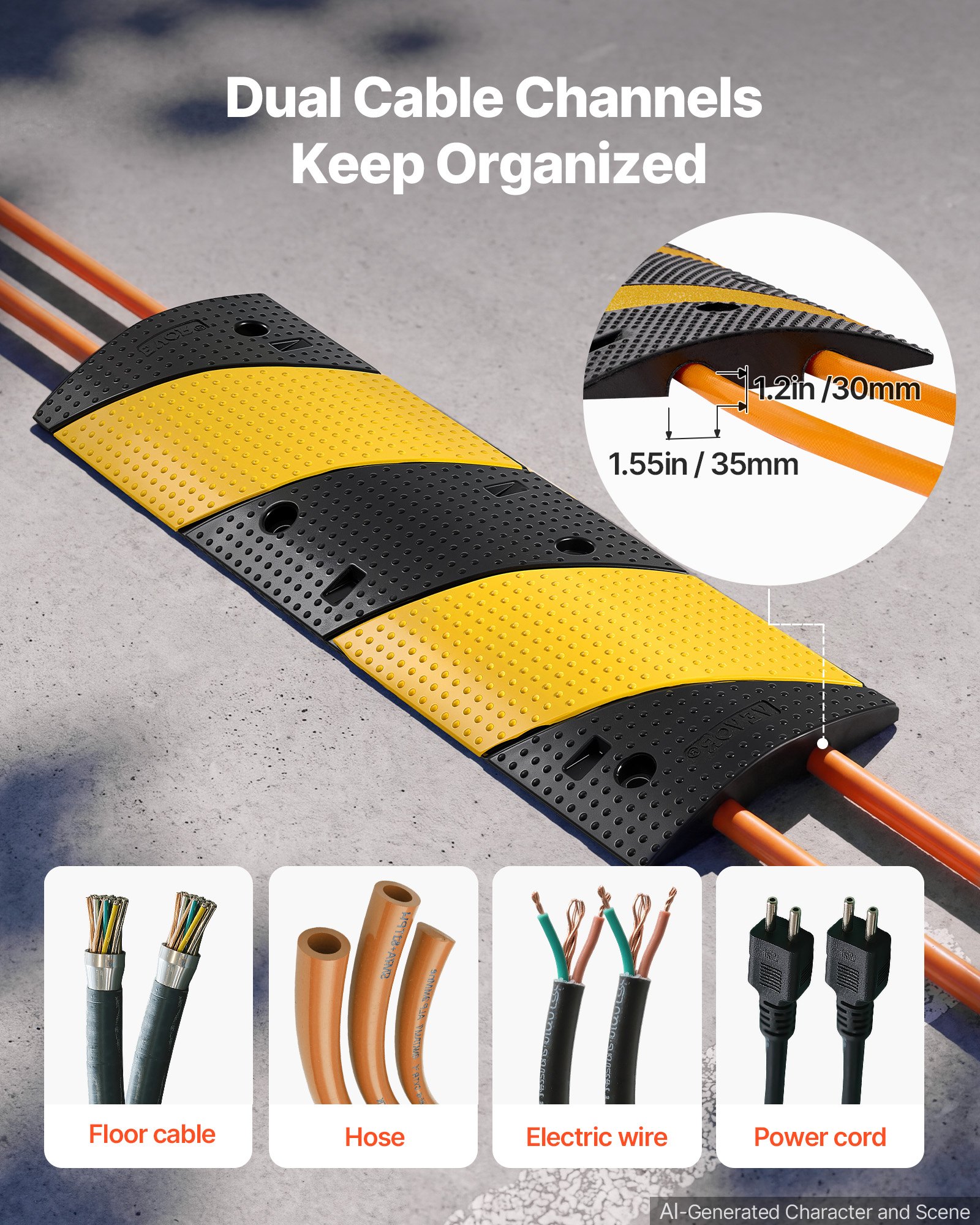 VEVOR 40 in Rubber Speed Bump, 2 Pack, 2 Channel Heavy Duty Traffic Speed Hump, 22000 lbs/Axle Load Capacity, Cable Protector Ramp with Expansion Screws, for Asphalt Concrete Gravel Driveway and Road