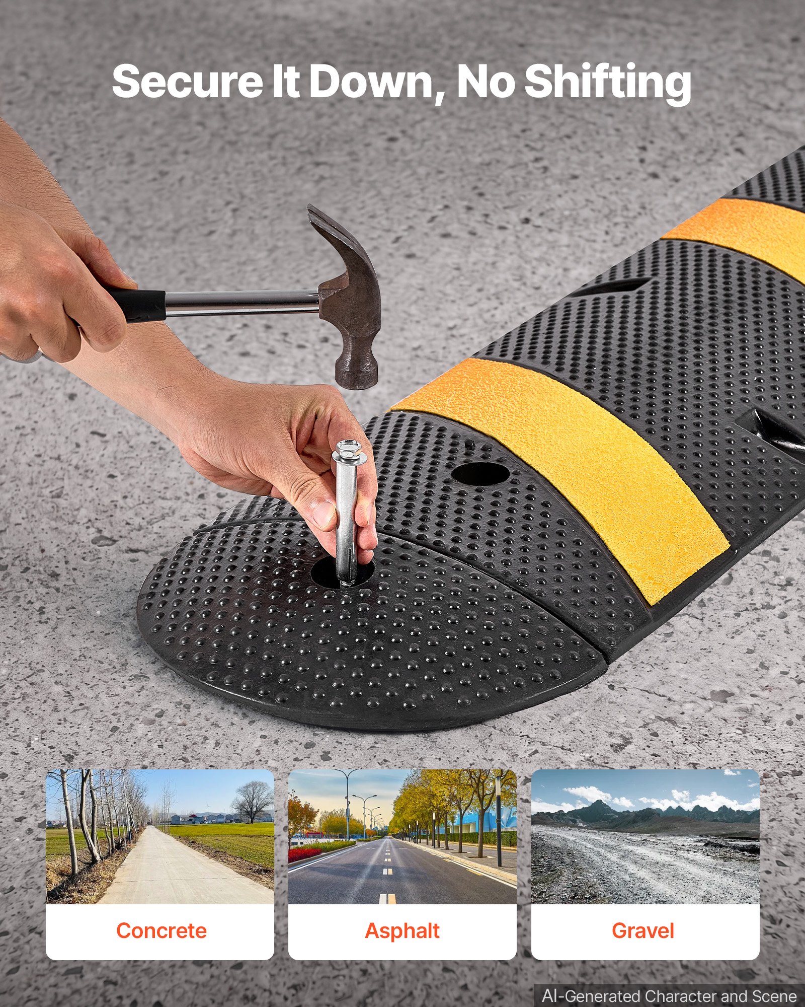 VEVOR 6FT Rubber Speed Bump, 2 Channel, Heavy Duty Traffic Speed Hump, 22000 lbs/axle Load Capacity, 72 in Cable Protector Ramp with Expansion Screws, for Asphalt Concrete Gravel Driveway Road, 1 Pack