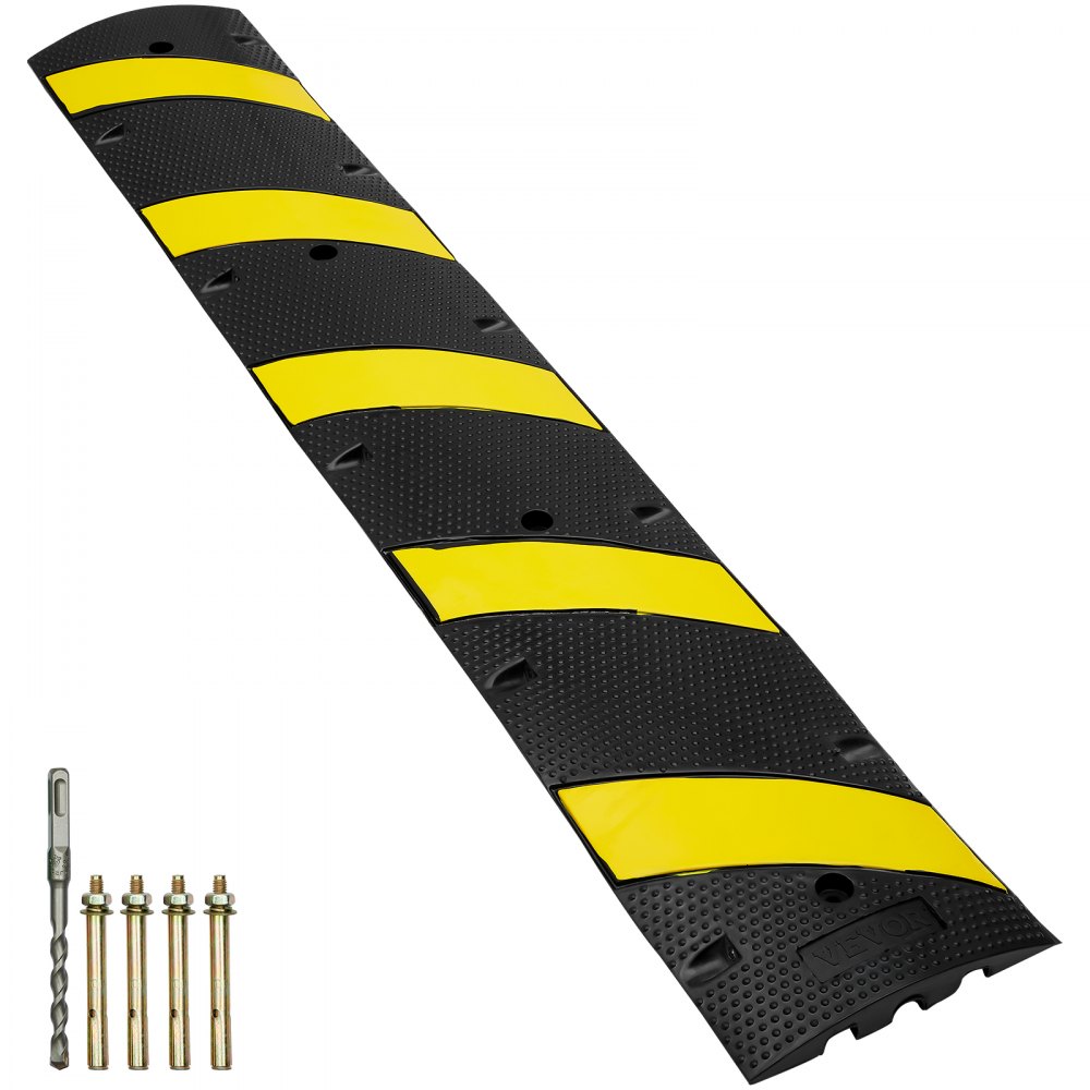 VEVOR rubber speed bump with yellow stripes and installation hardware included.