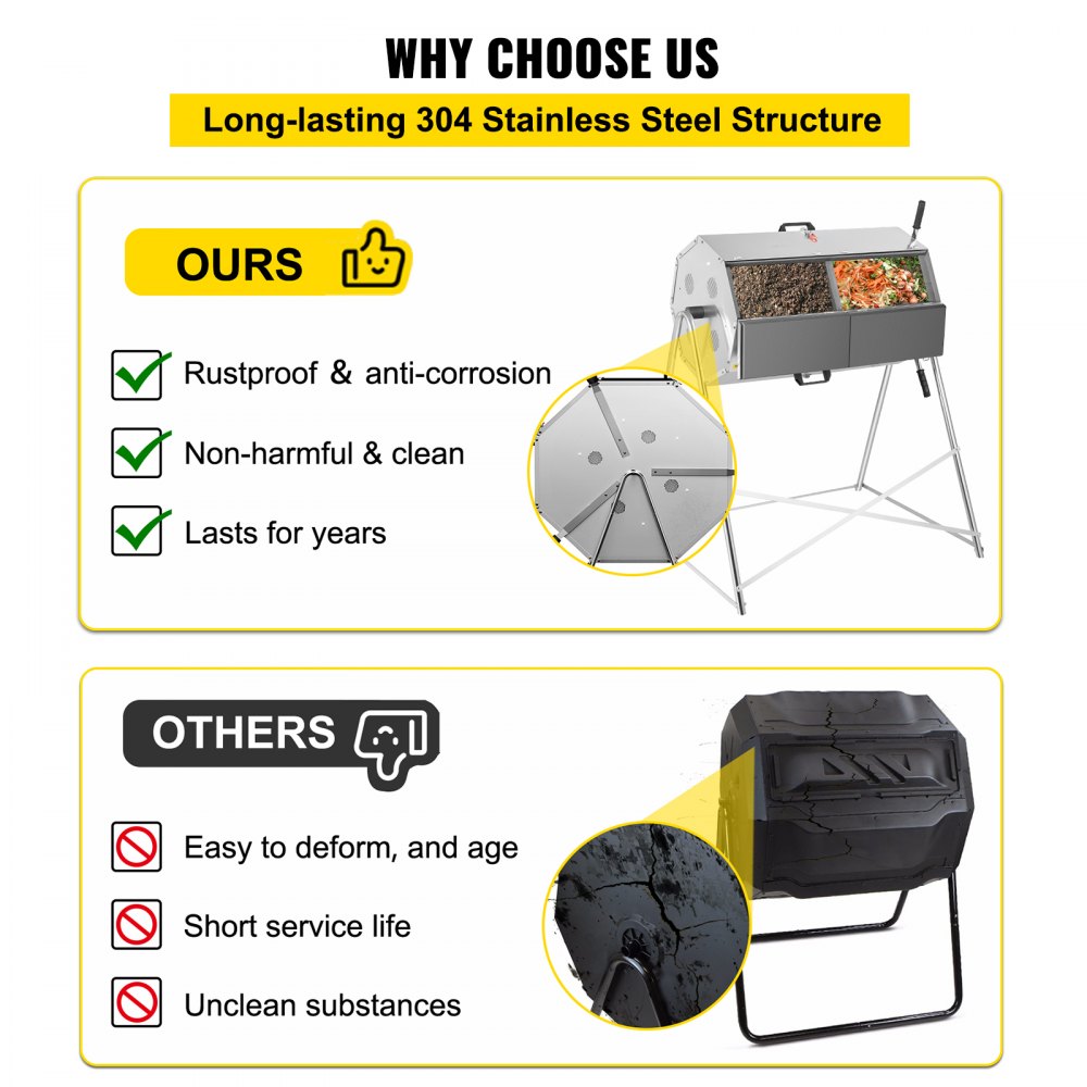 VEVOR Composttuimelaar Composttrommel voor Buiten 270 L Tweekamers Roterend RVS