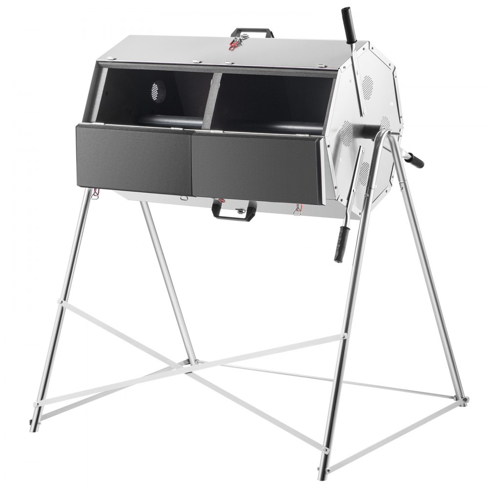 VEVOR Composttuimelaar Composttrommel voor Buiten 270 L Tweekamers Roterend RVS