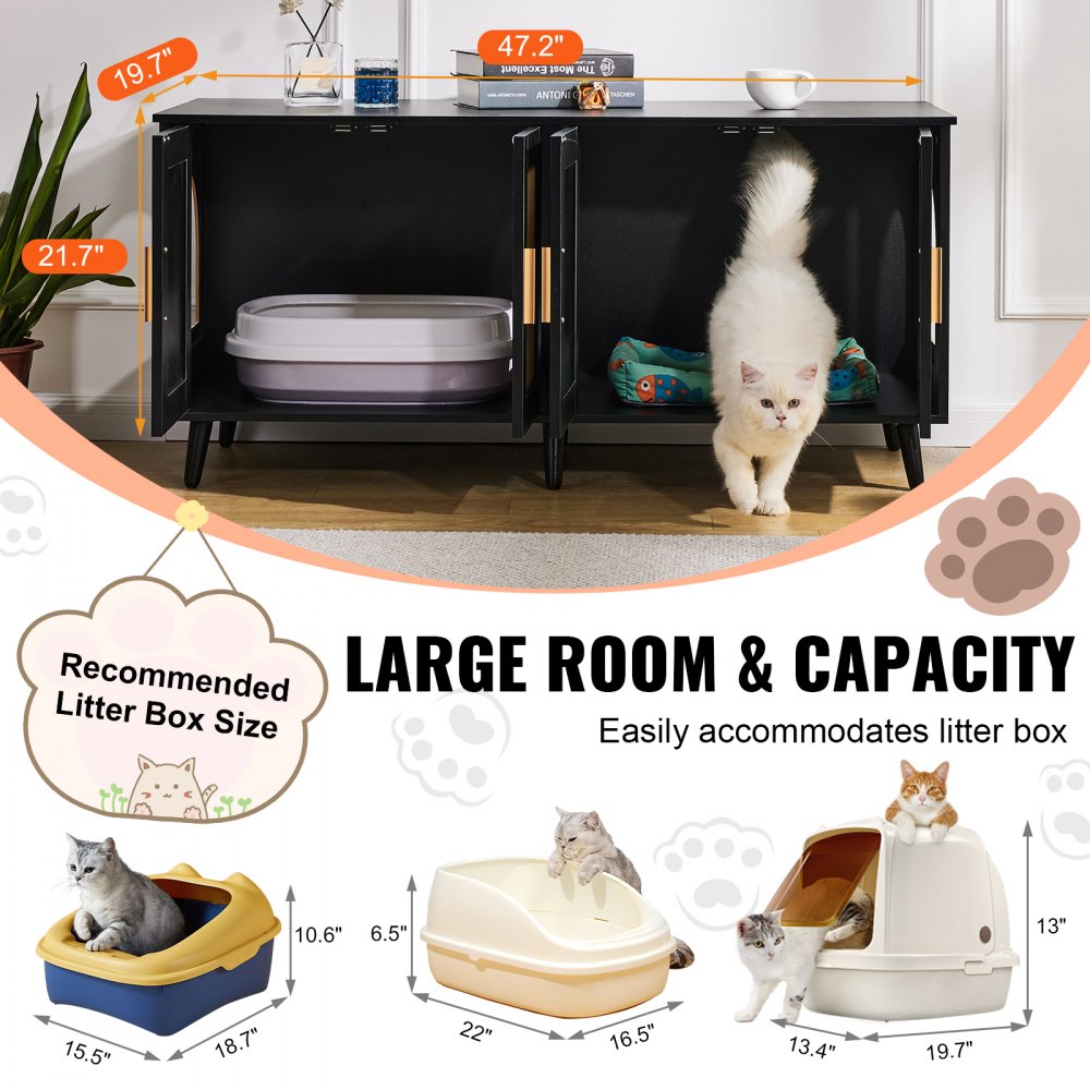 VEVOR Kattenbakbehuizing voor 2 katten, verborgen kattenbakmeubel met rotan-gedecoreerde deuren, houten kattenbakkast, past op de meeste kattenbakken, 119,4 cm L x 40,1 cm B x 55,6 cm H, zwart