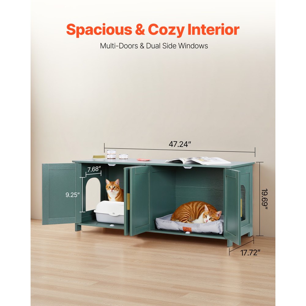 VEVOR kattenbak, 1200x450x500 mm, kattenbak met 4 deuren en 2 ingangen, kattenbakkast voor binnen, houten kattenhuis, past op de meeste kattenbakken, groen