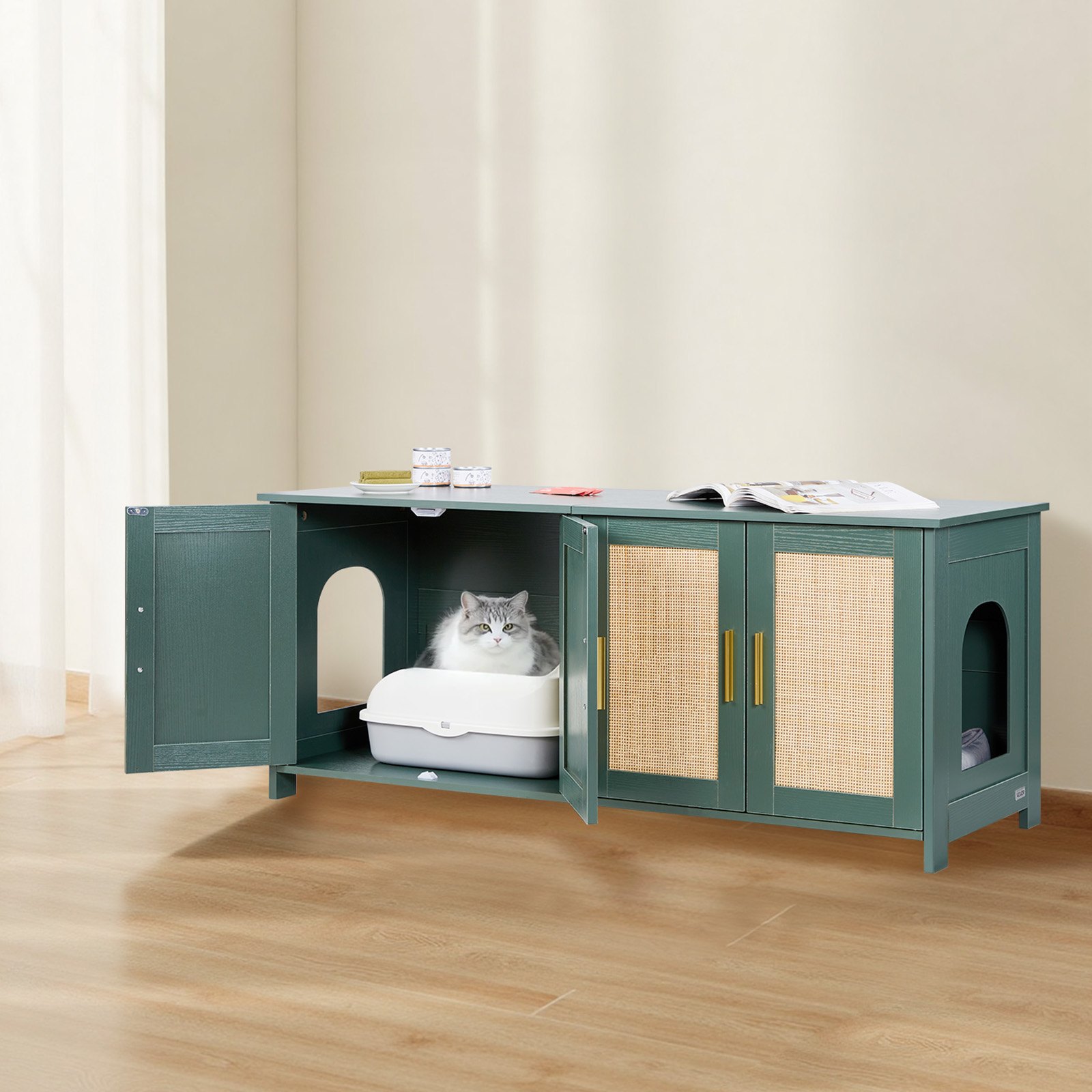 VEVOR Cat Litter Box Enclosure for Multi Cats, 47.2 in Hidden Litter Box Cabinet with 4 Rattan Doors & 2 Entries, Indoor Cat Washroom, Wooden Kitty House Furniture, Fit Most Litterboxes, Green