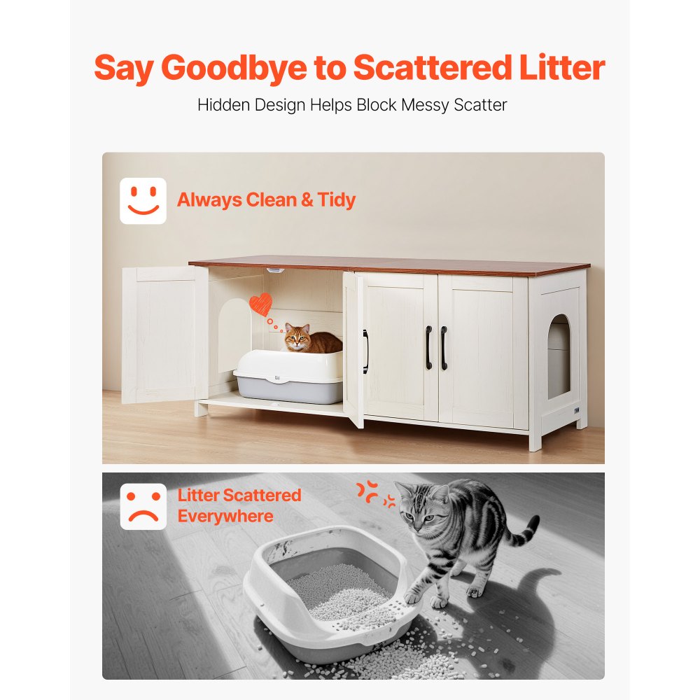 VEVOR kattenbakkast, 1200x450x500 mm, kattenbakkast met 4 deuren en 2 ingangen, kattenbak voor binnen, houten kattenhuis, past op de meeste kattenbakken, bruin & wit