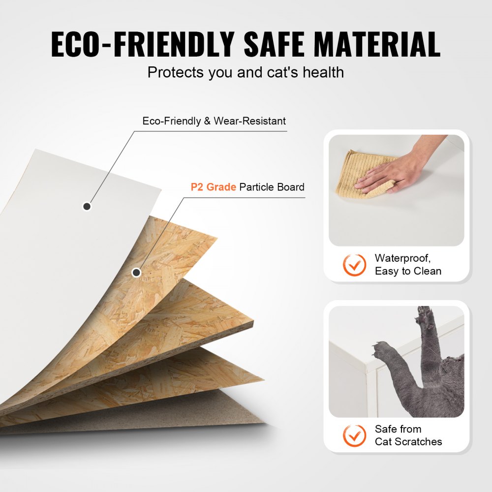 VEVOR kattenbakbehuizing voor 2 katten, verborgen kattenbakmeubel met dubbele compartimenten, houten kattenbakkast, past op de meeste kattenbakken, 146 cm L x 46 cm B x 45 cm H, wit