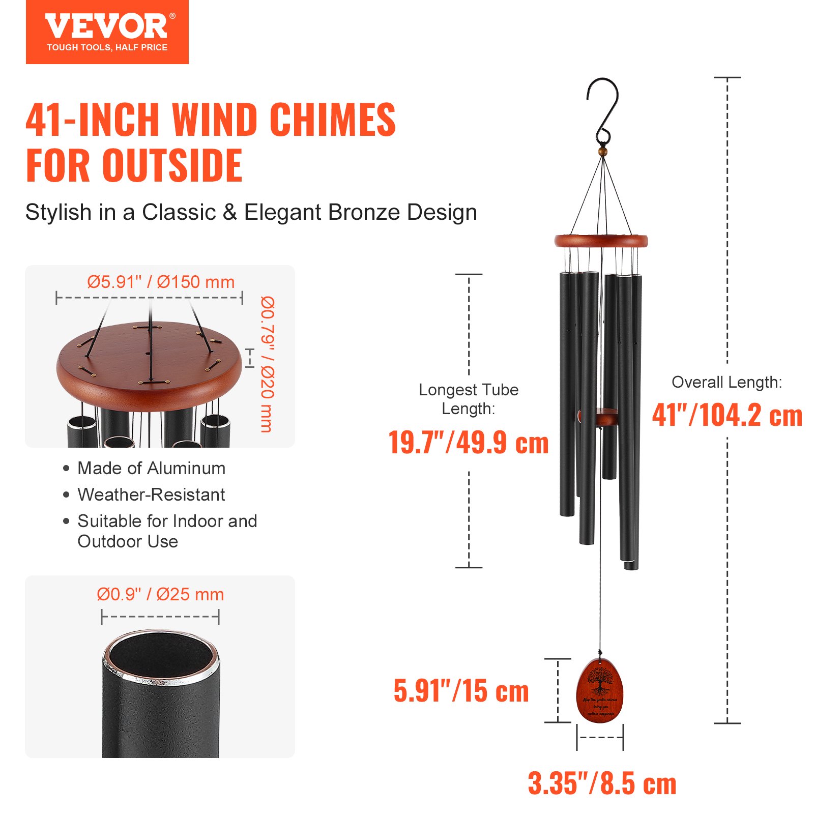 VEVOR Wind Chimes for Outside, 1042 mm, Deep Tone Wind Chimes with 6 Tubes, Unique Large Memorial Wind Chimes for Anniversary, Amazing Outdoor Decor for Your Patio, Porch, Garden and Backyard, Black