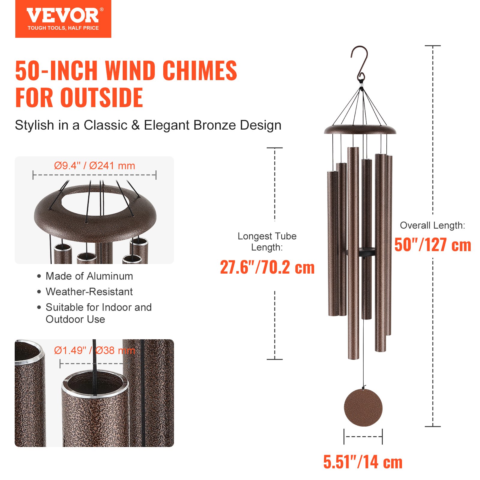 VEVOR Wind Chimes for Outside, 1270 mm, Deep Tone Wind Chimes with 6 Tubes, Unique Large Memorial Wind Chimes for Anniversary, Grace Outdoor Decor for Your Patio, Porch, Garden &Backyard, Copper Vein