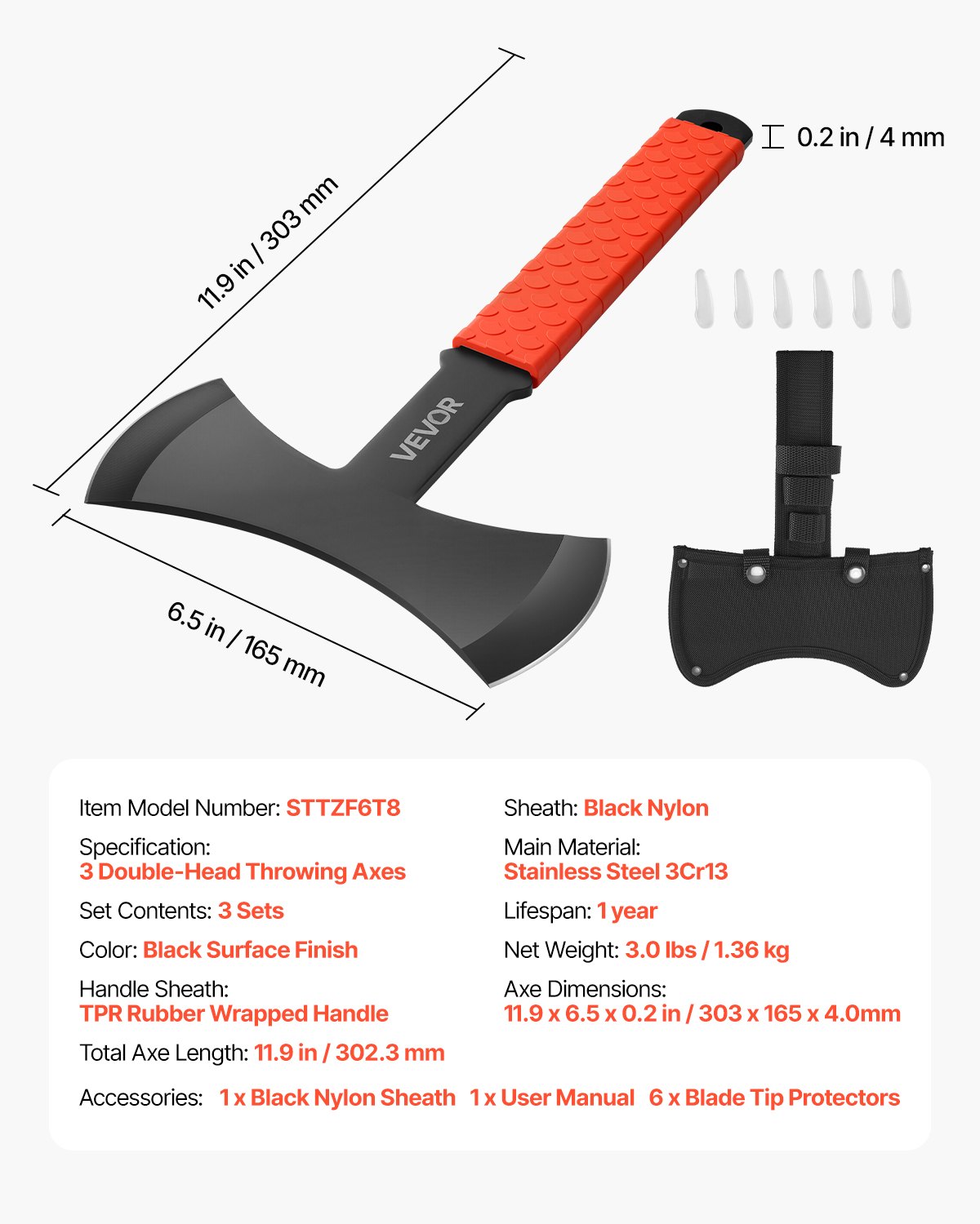 VEVOR Werpende Bijlen en Tomahawks Set van 3 stuks 302,3 mm Dubbelzijdige Bijl Werpende Bijlset met Roestvrijstalen Kop & Antislip TPR Rubberen Handvat & Zwarte Nylon Hoes, voor Recreatieve Wedstrijd Kampeeraccessoires