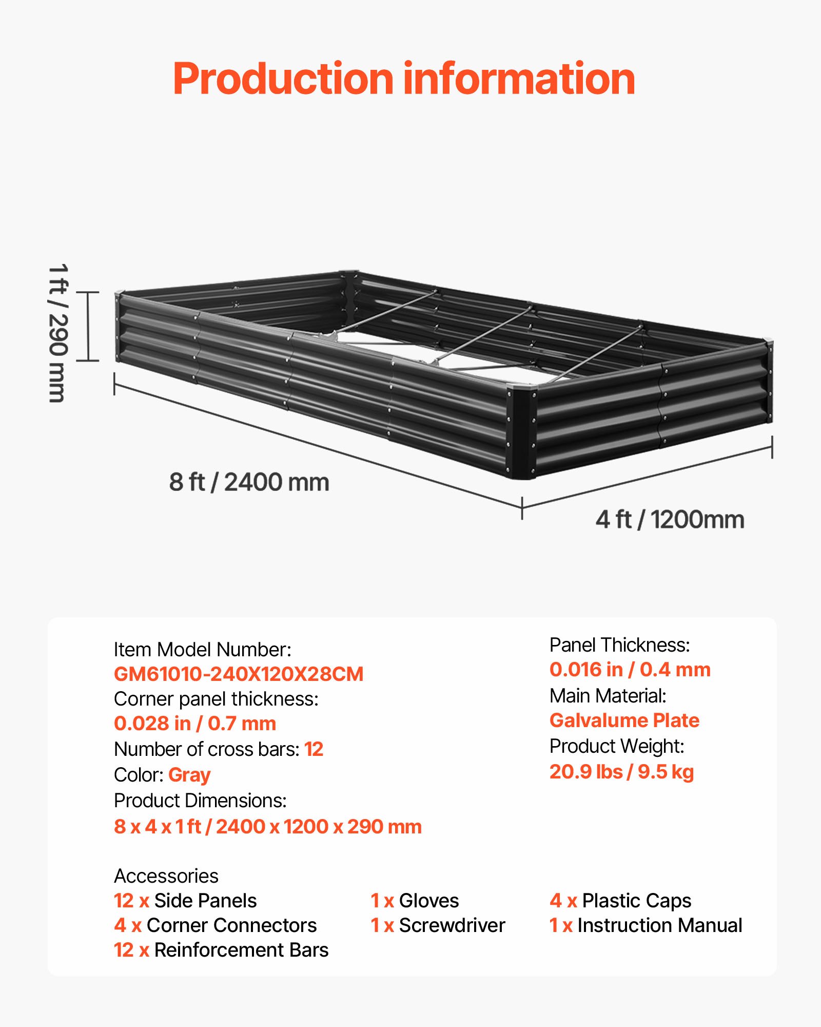 VEVOR Verhoogd Tuinbed, Metaal, 2400x1200x290 mm, Plantbed, Groentebed, Plantenbak met Open Bodem & Afgeronde Randen, Bloembed, Kruidenbed, Ideaal voor Groenten, Bloemen, Kruiden & Vetplanten